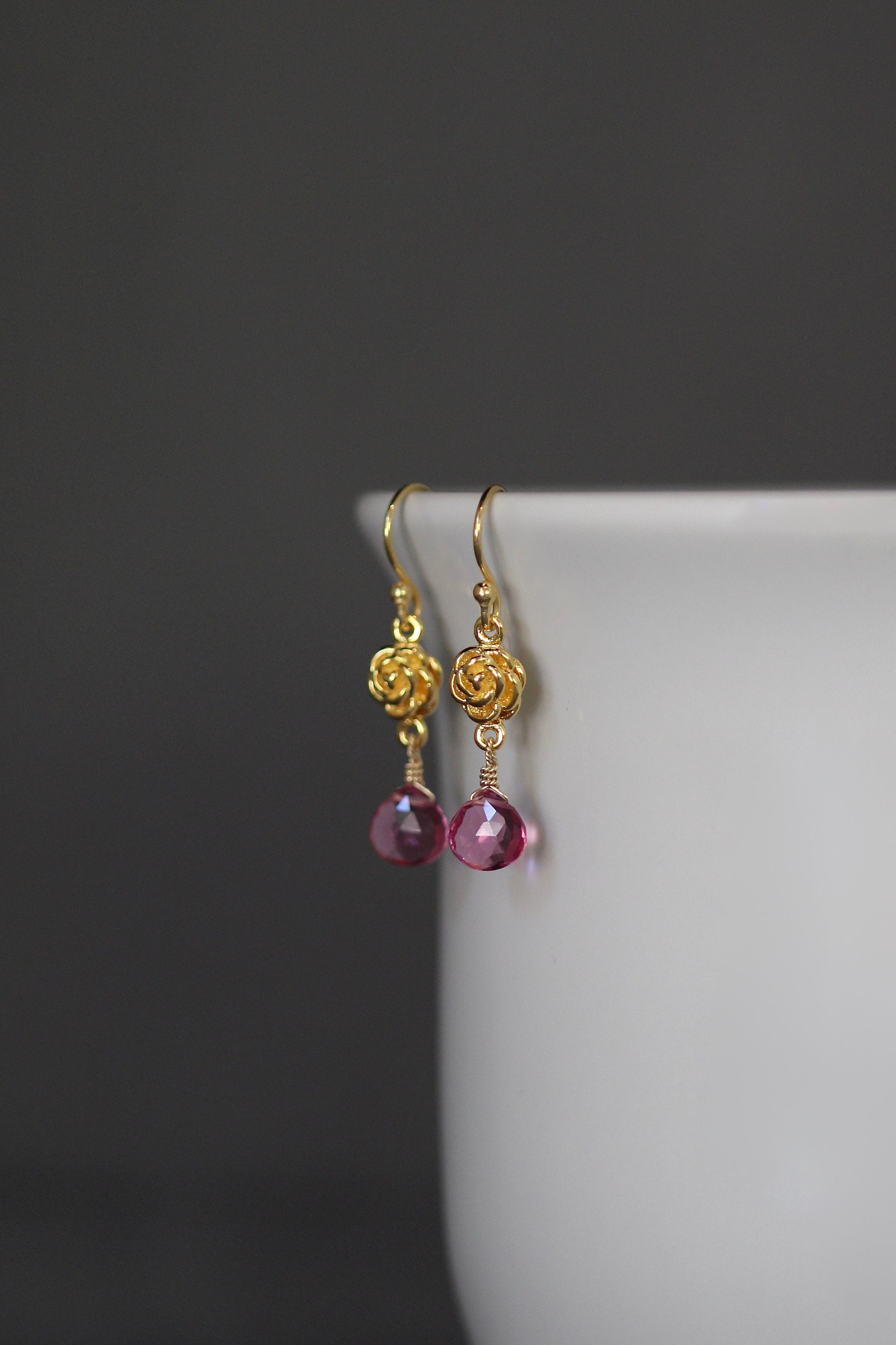 Pink Quartz Teardrop Earrings on Gold Vermeil Rosebud Links