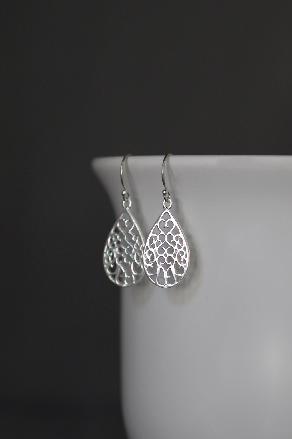 Bali Silver Filigree Teardrop Dangle Earrings