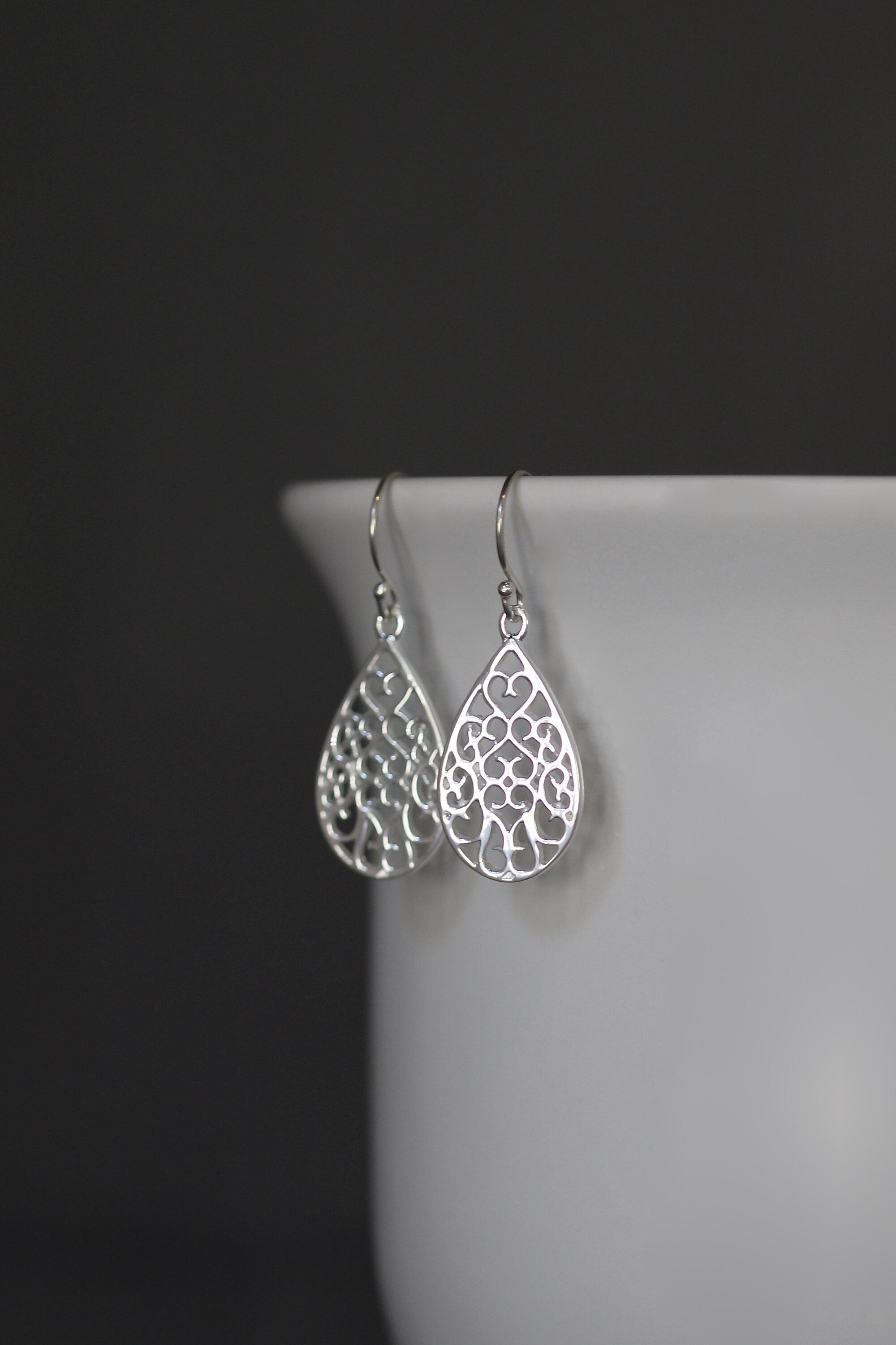 Bali Silver Filigree Teardrop Dangle Earrings