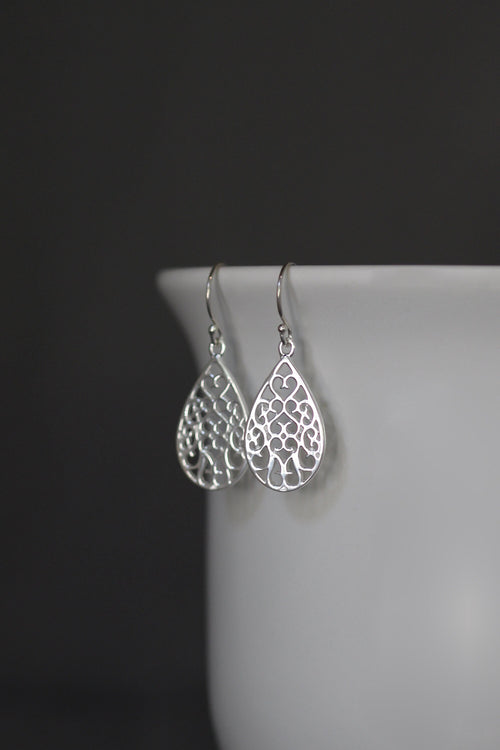 Bali Silver Filigree Teardrop Dangle Earrings