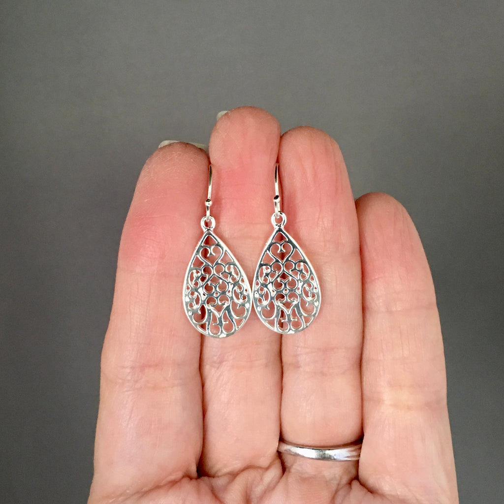 Bali Silver Filigree Teardrop Dangle Earrings