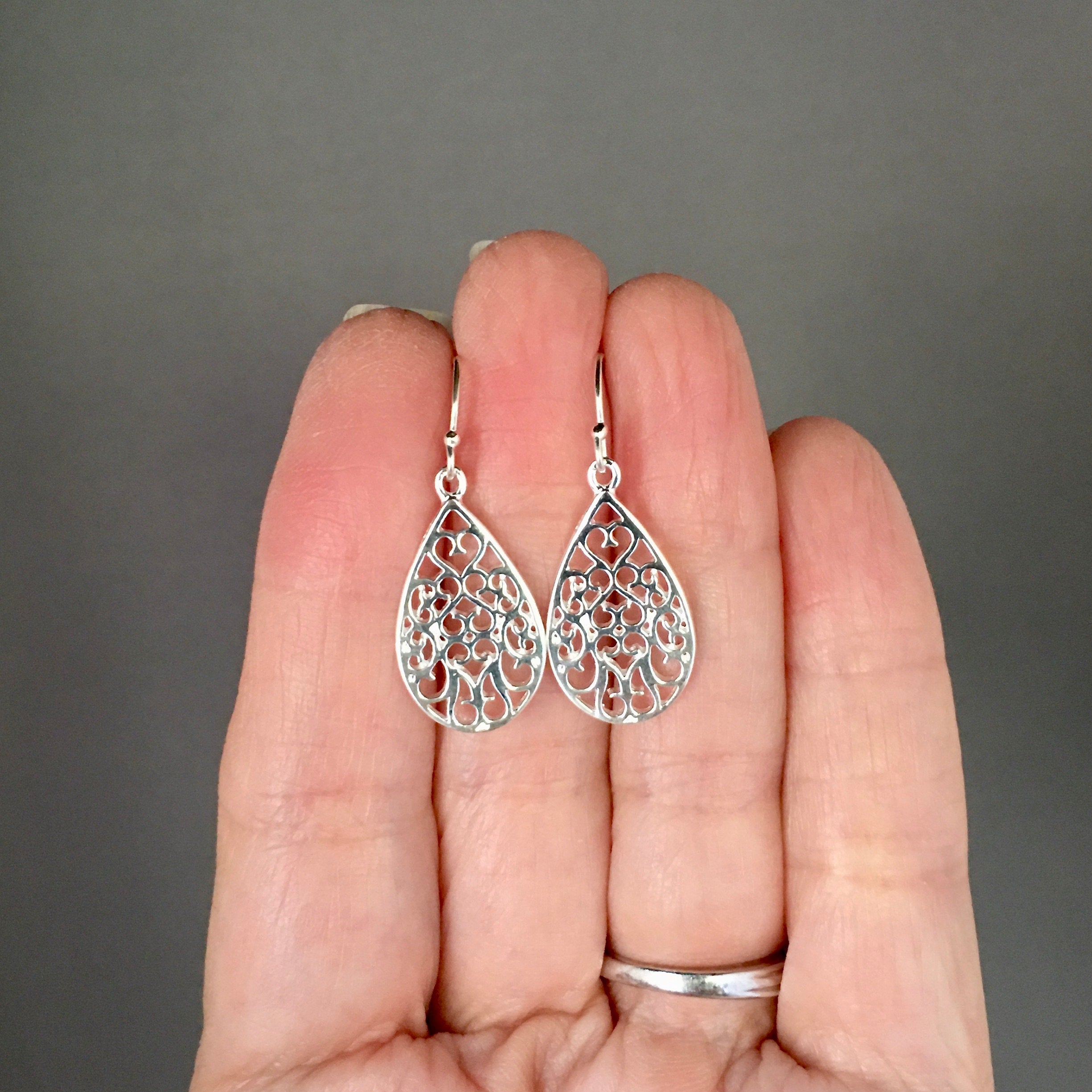 Bali Silver Filigree Teardrop Dangle Earrings