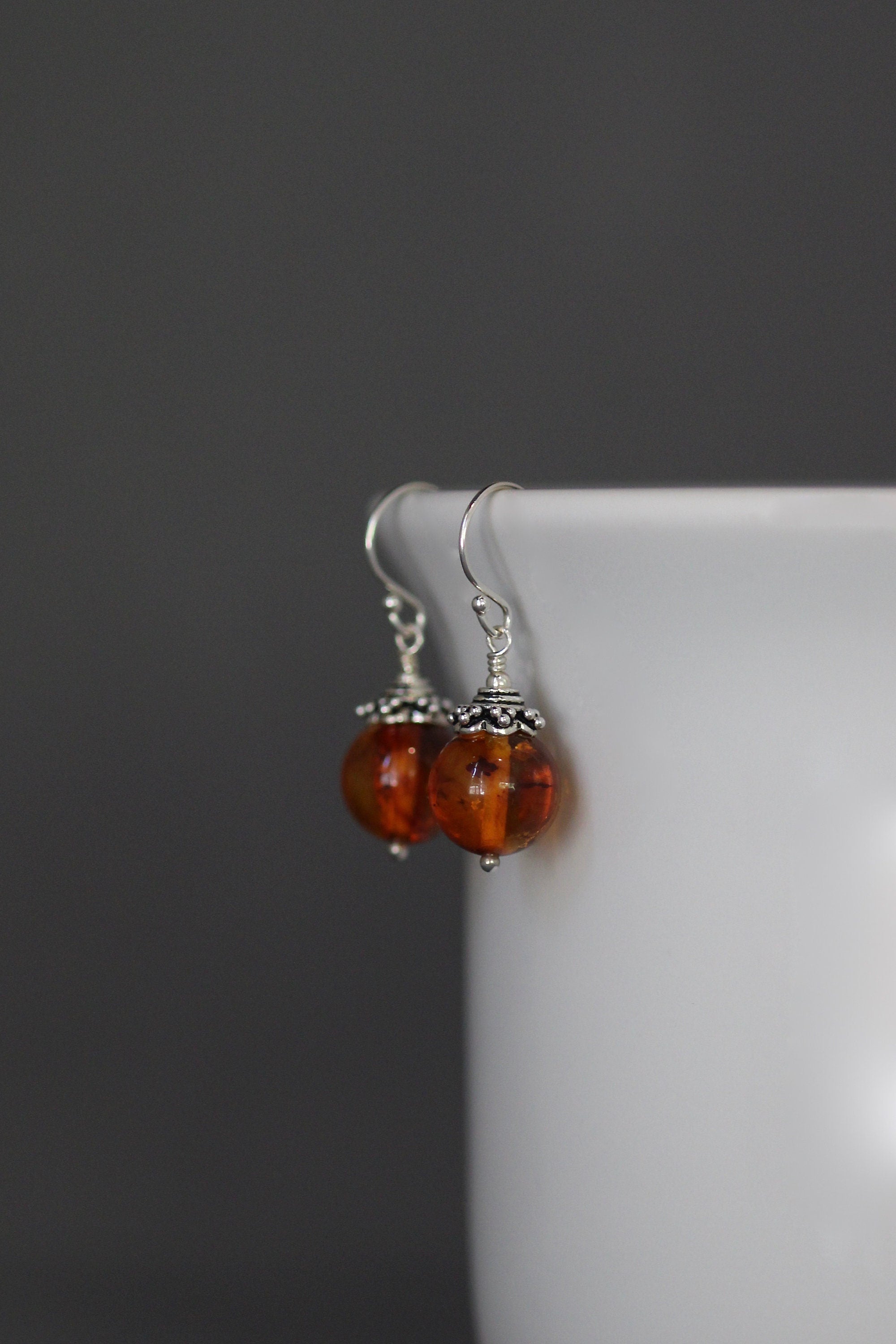 Natural Baltic Orange Amber Stone and Bali Sterling Silver Dangle Earrings
