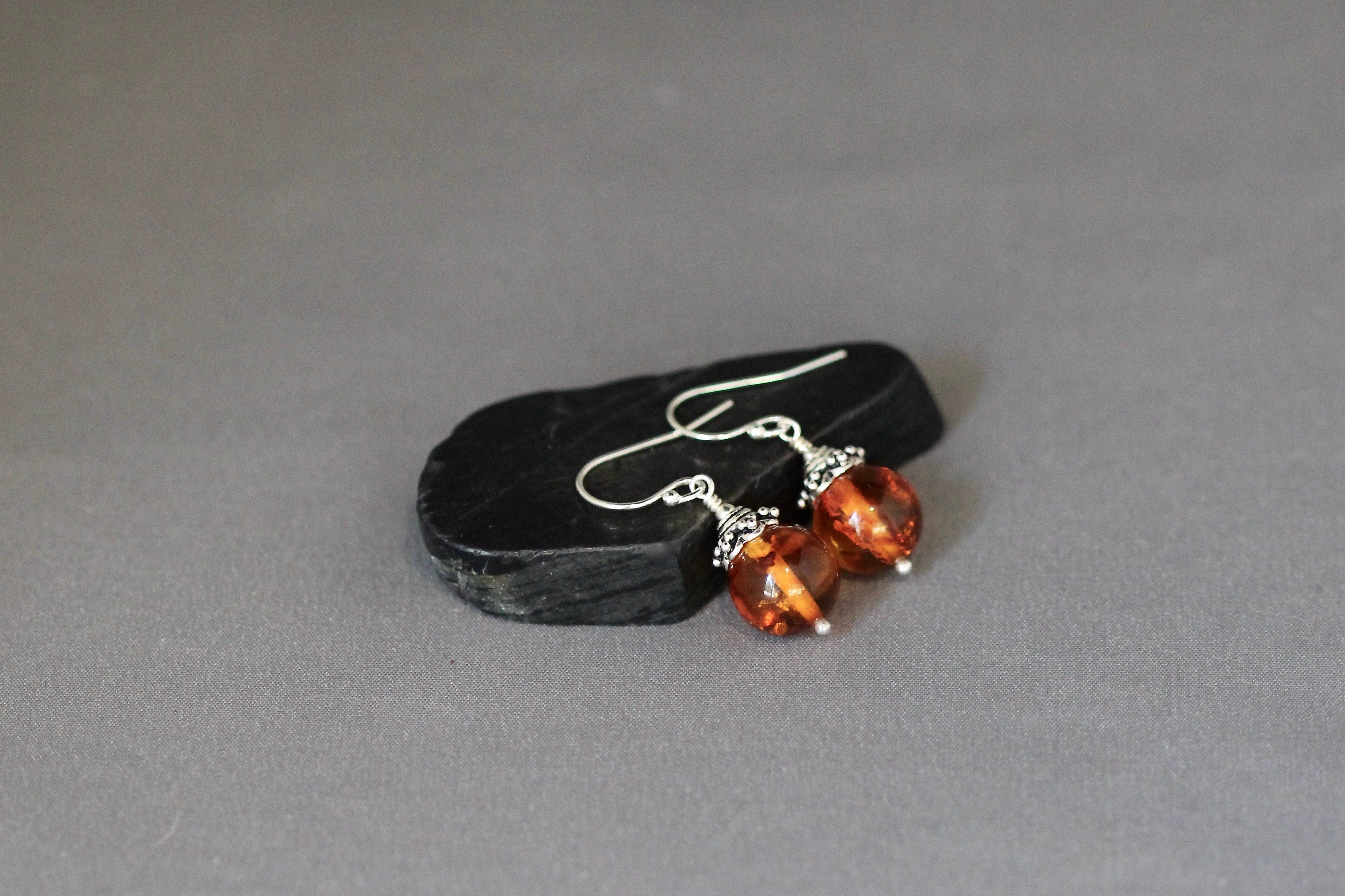 Natural Baltic Orange Amber Stone and Bali Sterling Silver Dangle Earrings