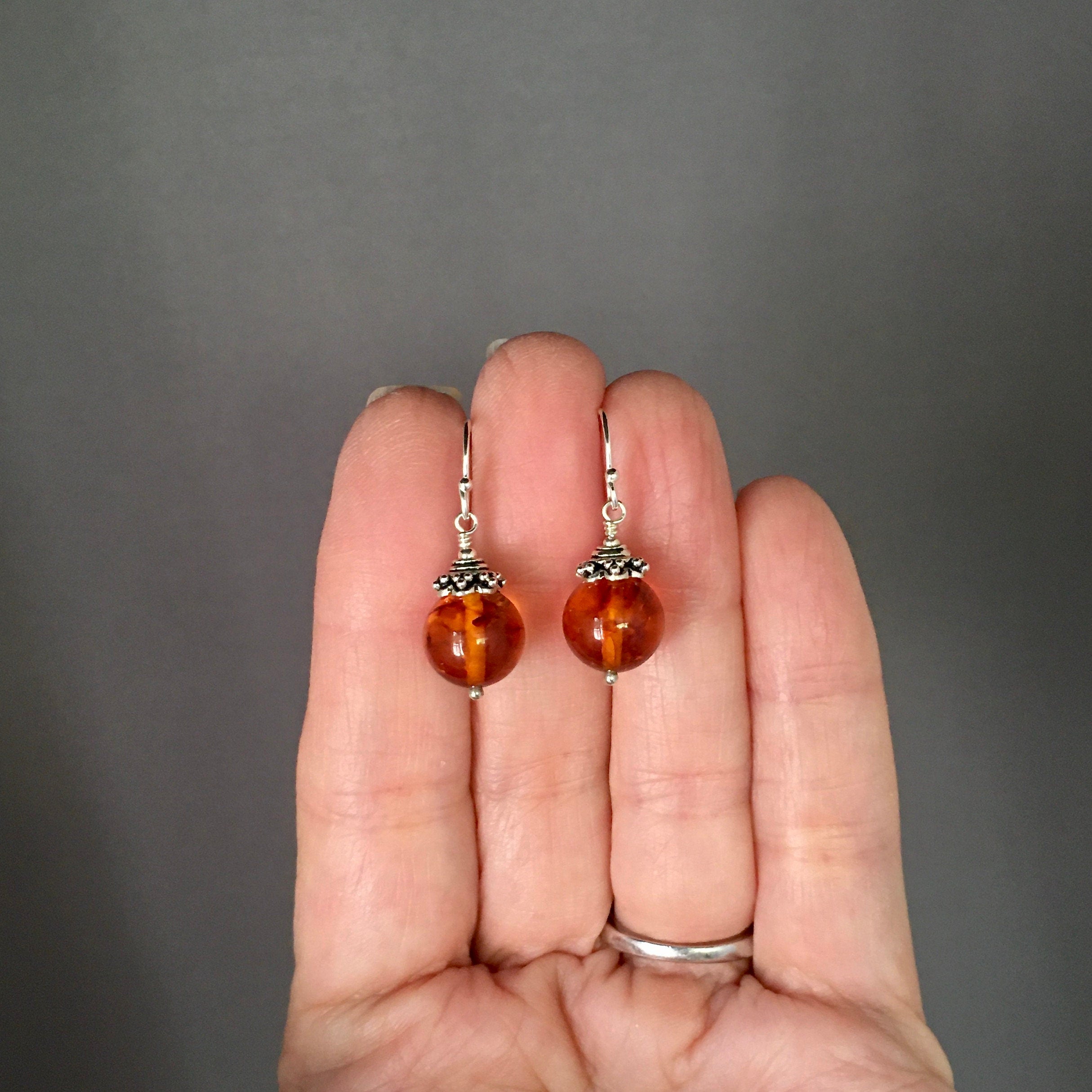 Natural Baltic Orange Amber Stone and Bali Sterling Silver Dangle Earrings