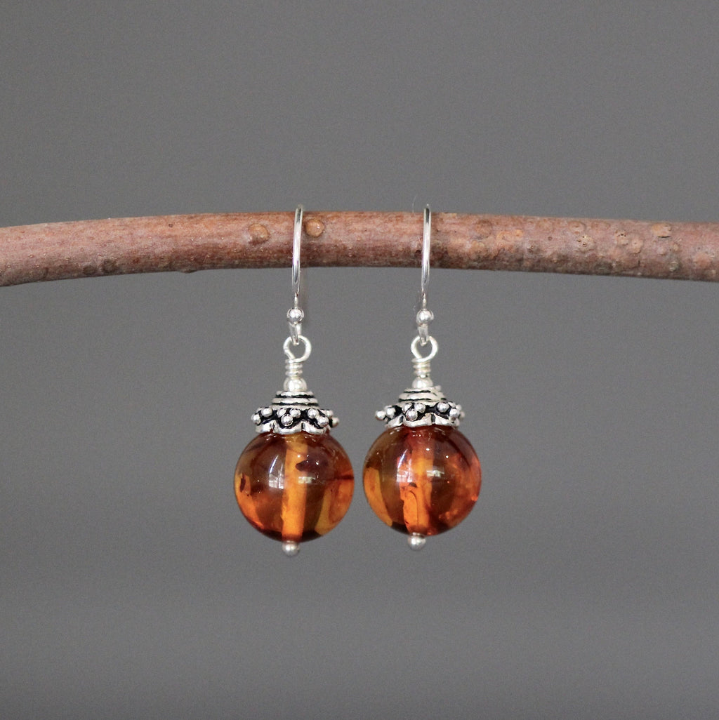 Natural Baltic Orange Amber Stone and Bali Sterling Silver Dangle Earrings