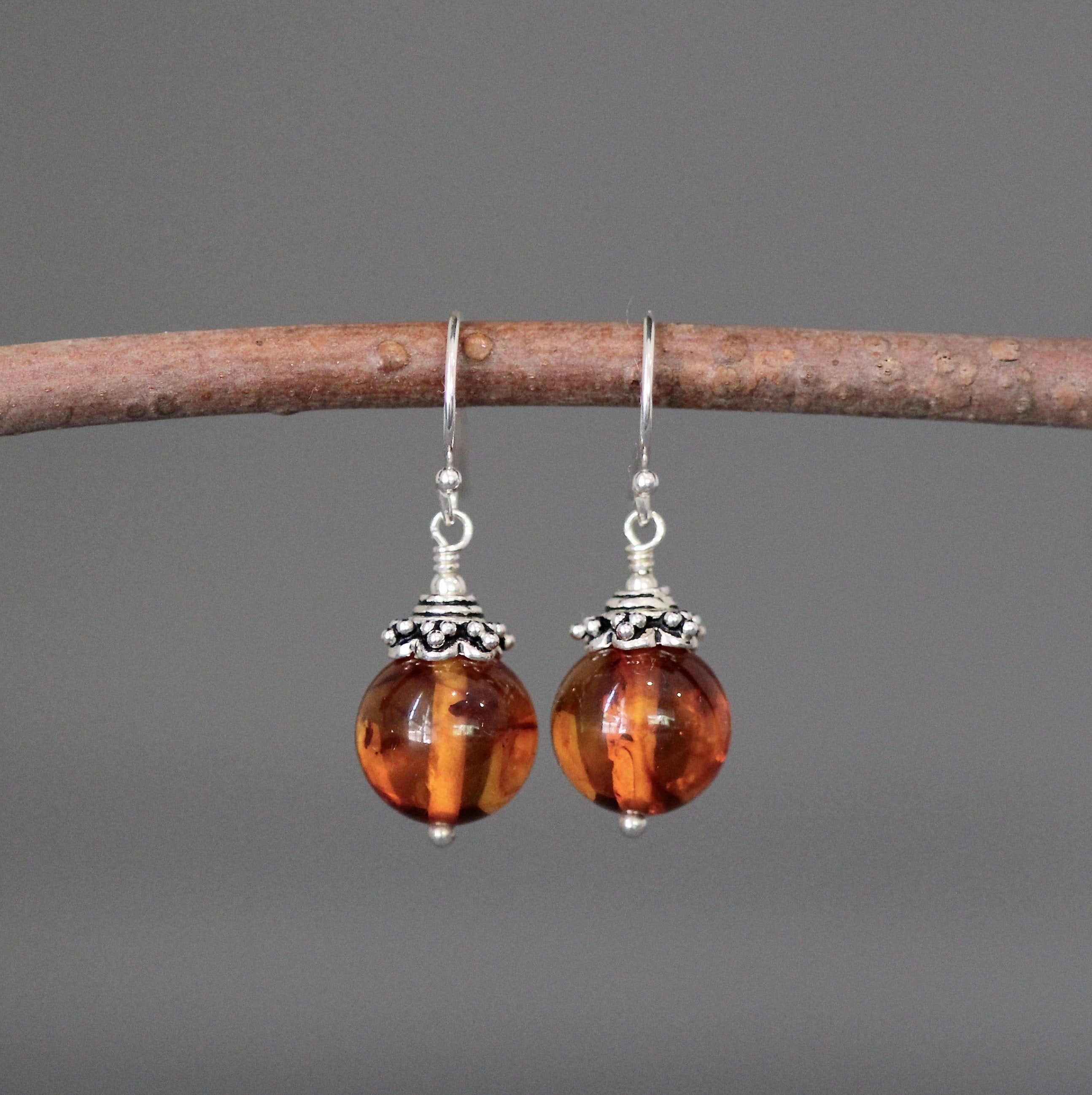 Natural Baltic Orange Amber Stone and Bali Sterling Silver Dangle Earrings