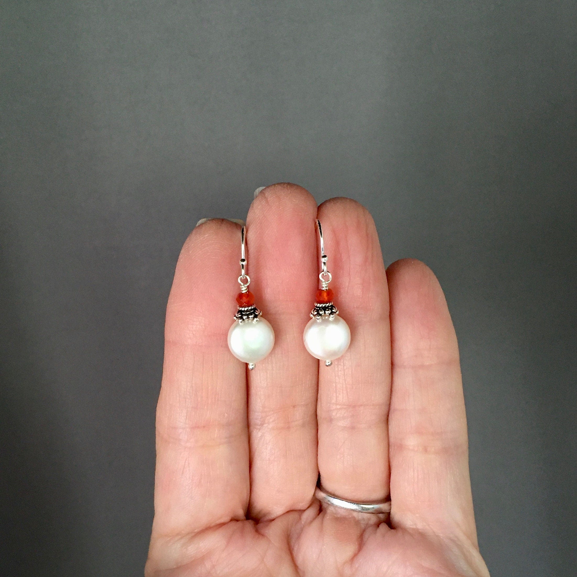Freshwater Coin Pearl and Carnelian Sterling Silver Dangle Earrings