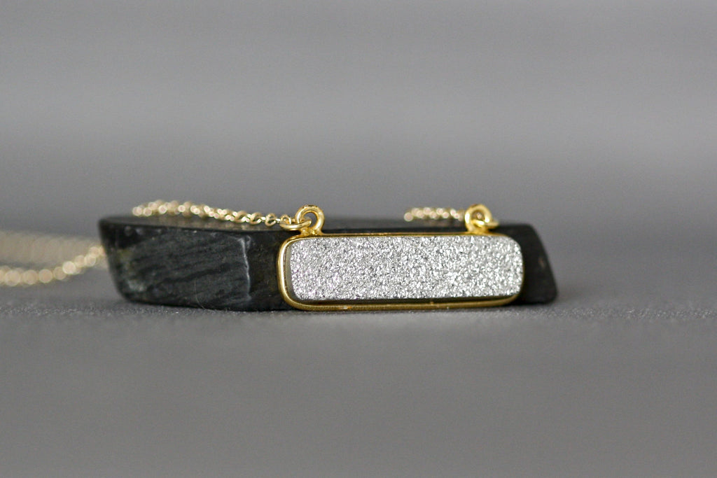 Silver Druzy Quartz Bar Pendant Necklace in Gold Vermeil Bezel
