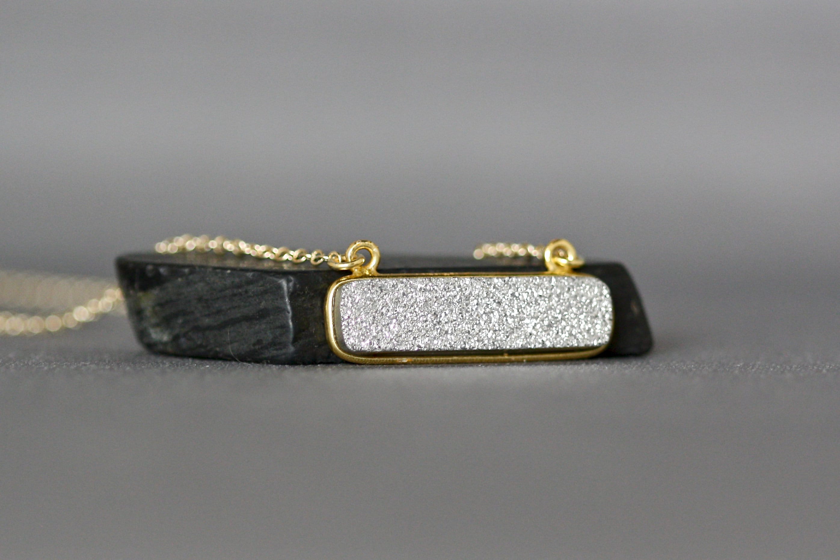 Silver Druzy Quartz Bar Pendant Necklace in Gold Vermeil Bezel