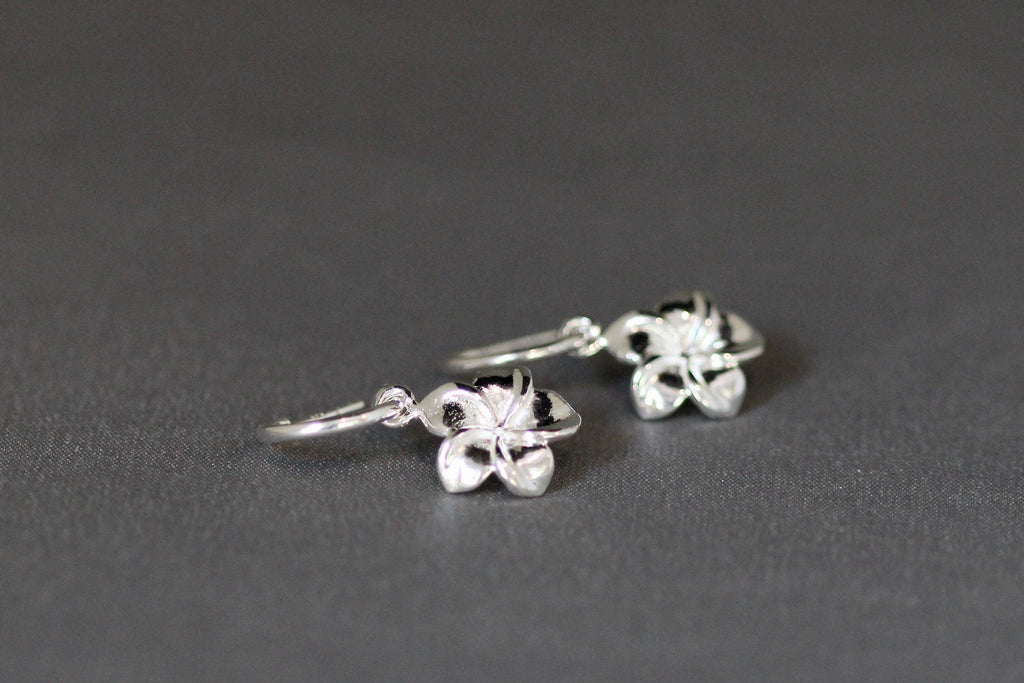 Silver Plumeria Flower Charm Earrings with Removable Post Hoops