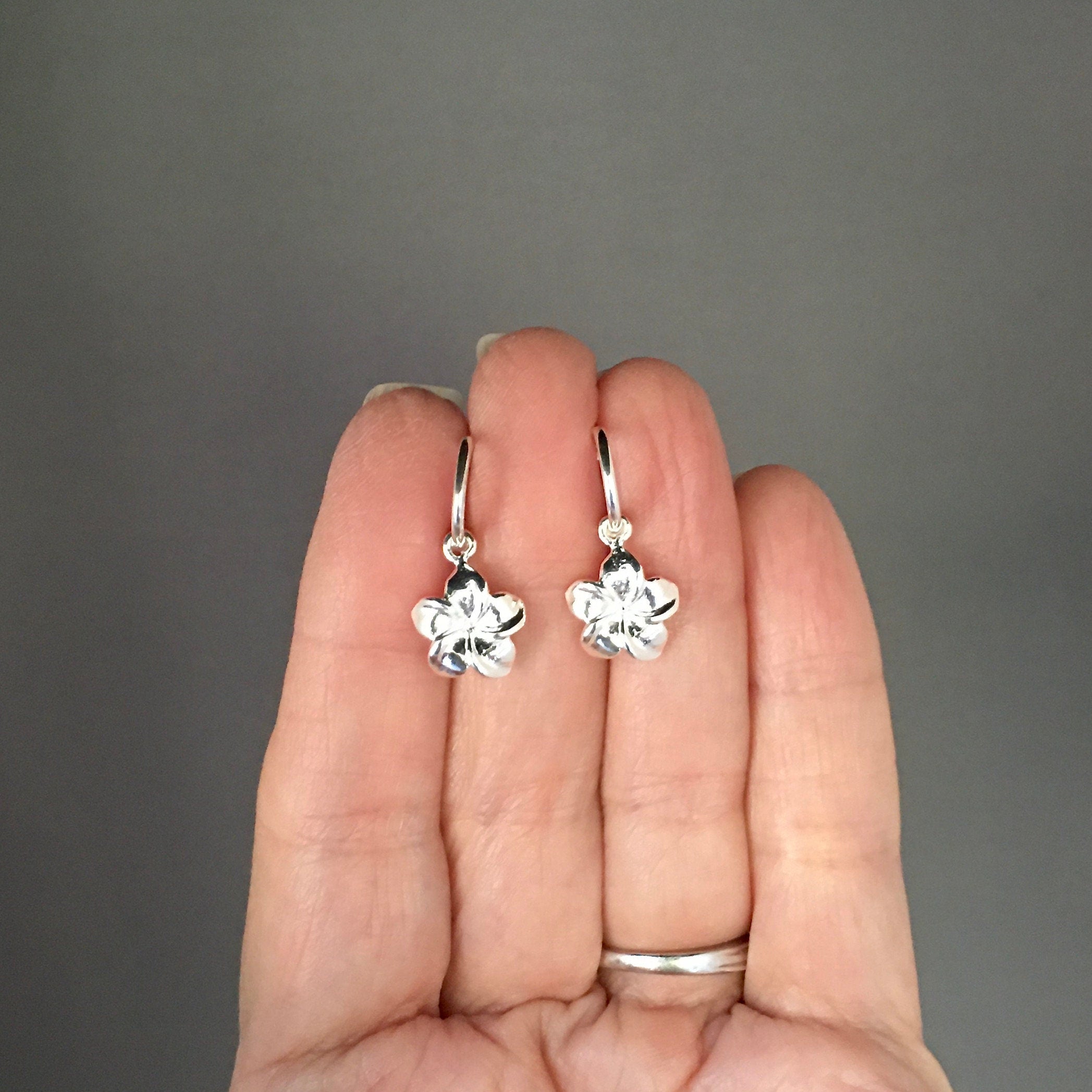 Silver Plumeria Flower Charm Earrings with Removable Post Hoops