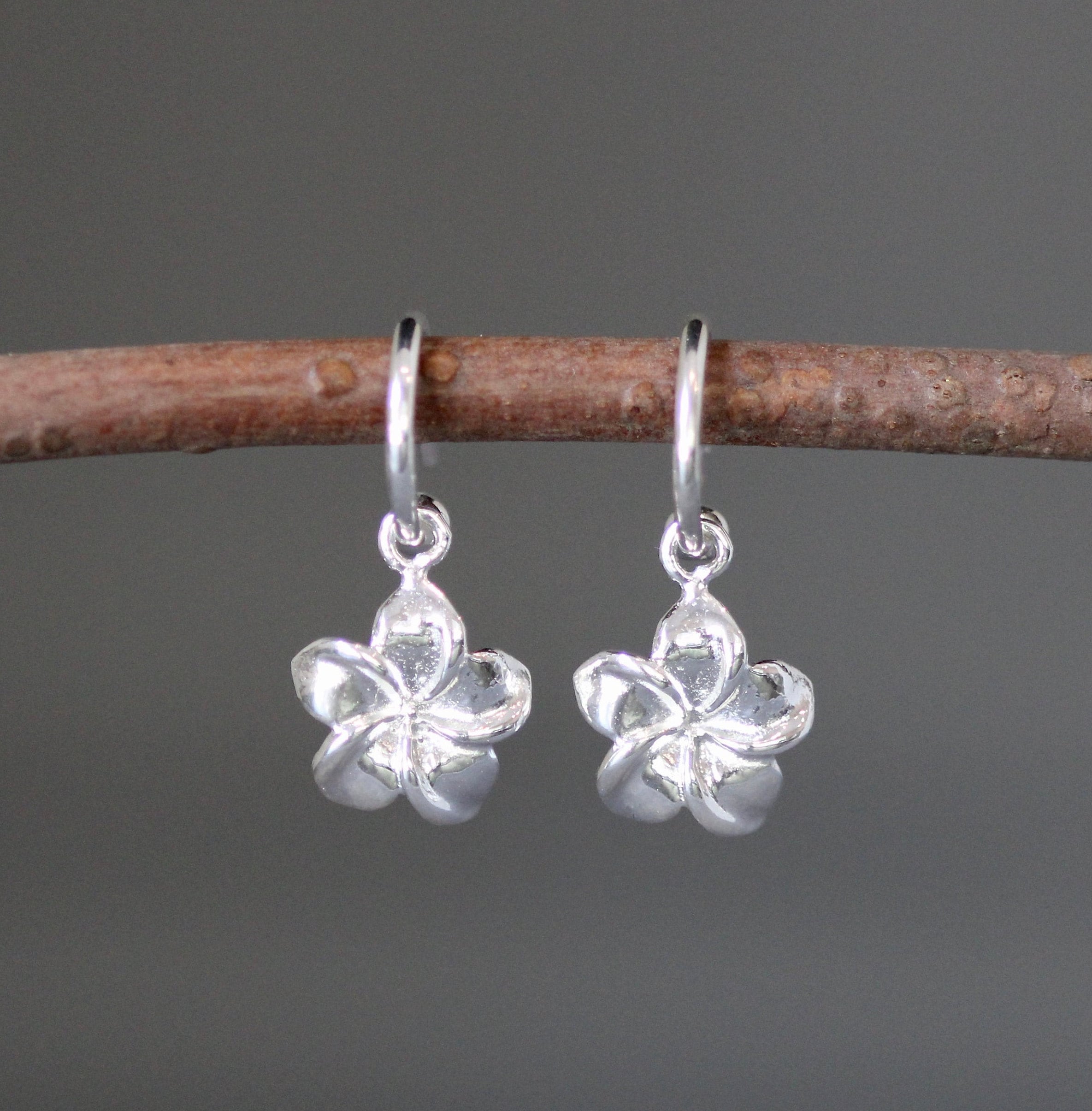 Silver Plumeria Flower Charm Earrings with Removable Post Hoops