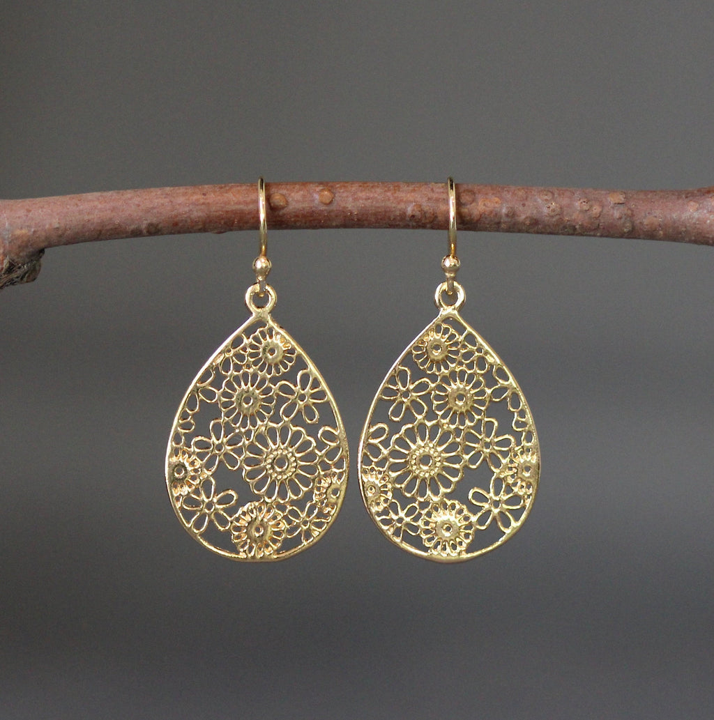 Gold Vermeil Filigree Teardrop Flower Dangle Earrings