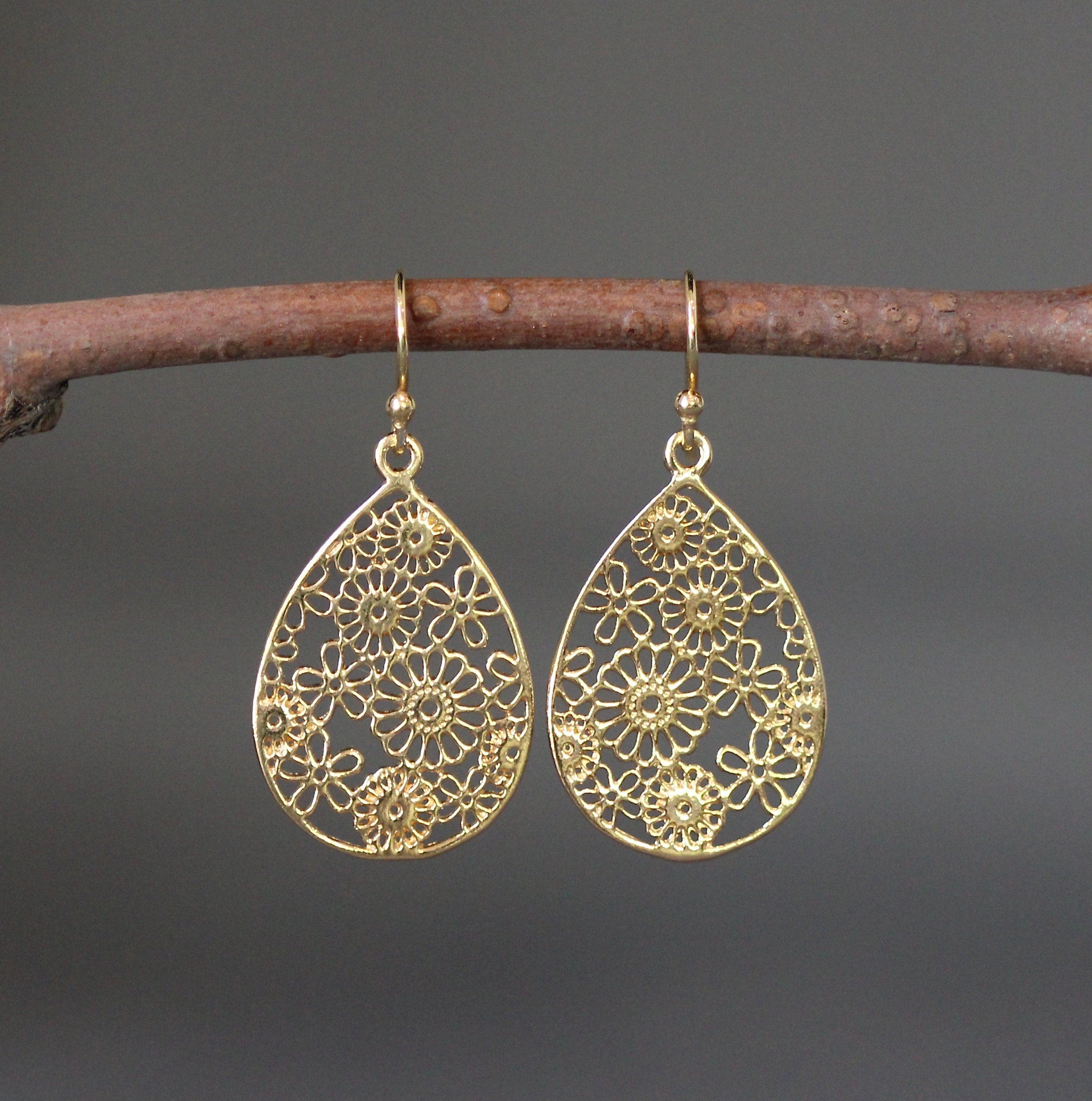 Gold Vermeil Filigree Teardrop Flower Dangle Earrings