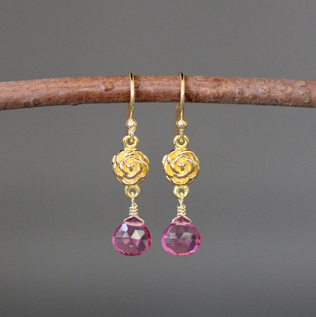 Pink Quartz Teardrop Earrings on Gold Vermeil Rosebud Links