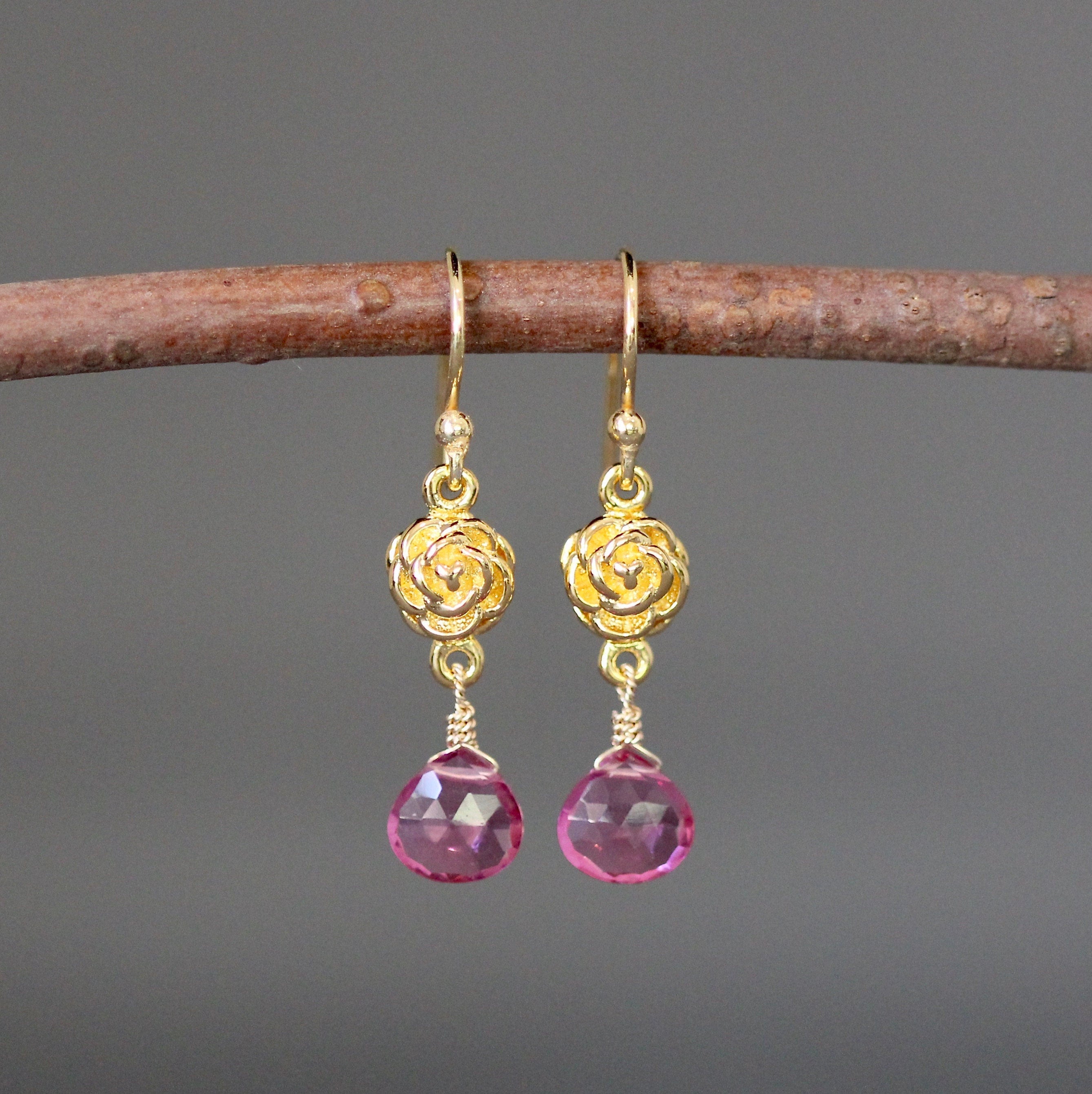 Pink Quartz Teardrop Earrings on Gold Vermeil Rosebud Links
