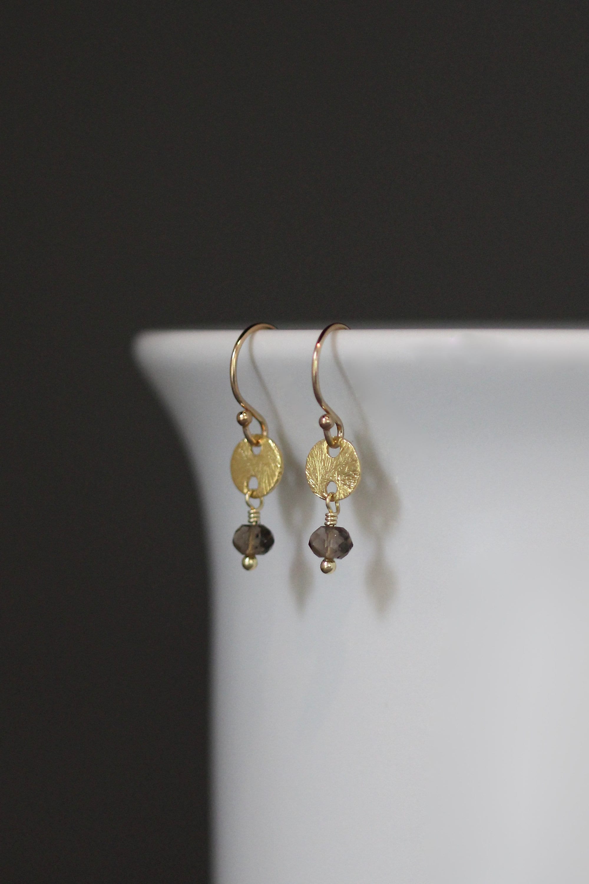 Smokey Quartz and Brushed Gold Vermeil Disc Dangle Earrings