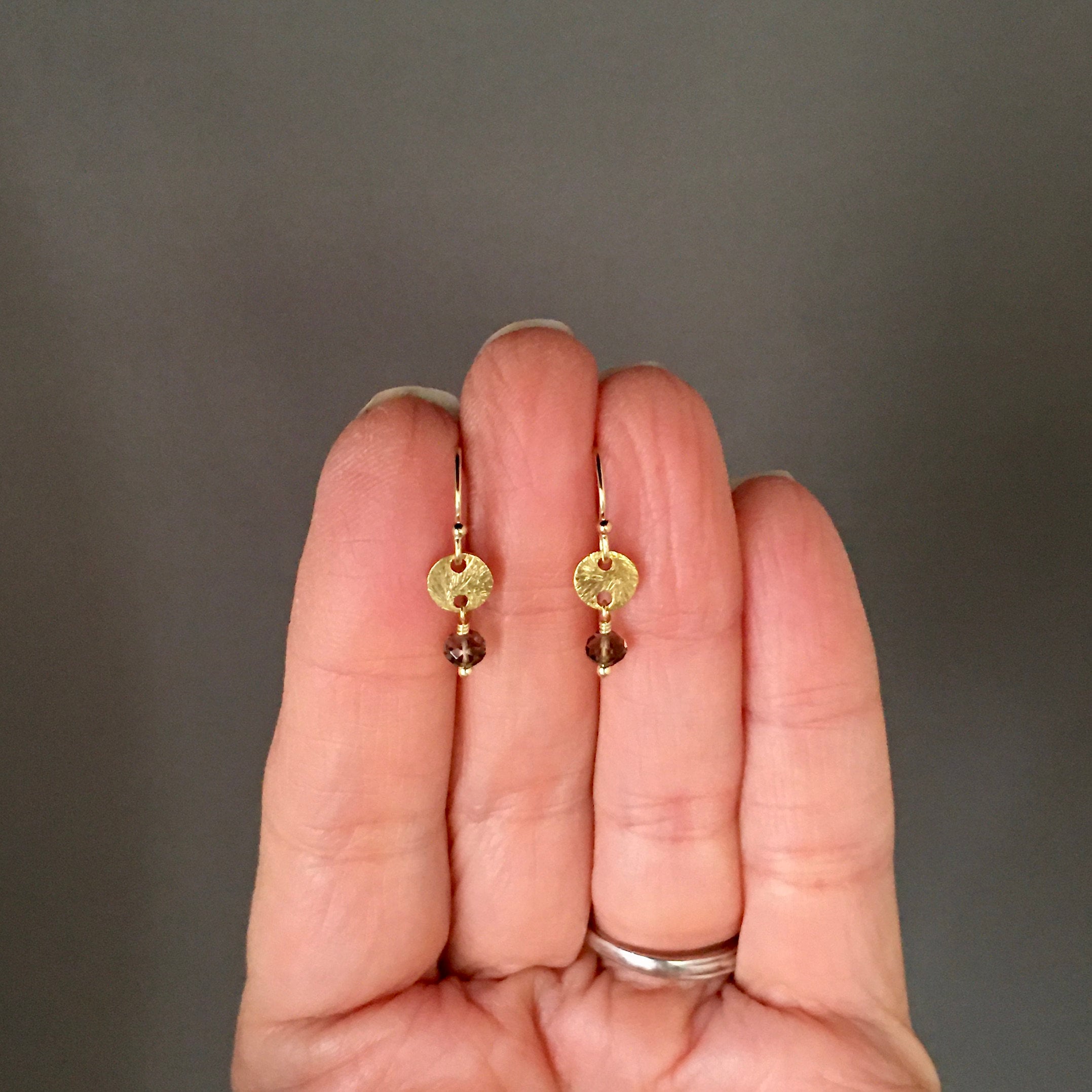 Smokey Quartz and Brushed Gold Vermeil Disc Dangle Earrings