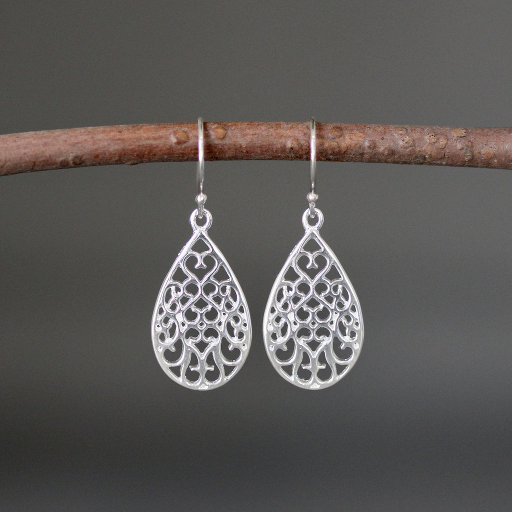 Bali Silver Filigree Teardrop Dangle Earrings