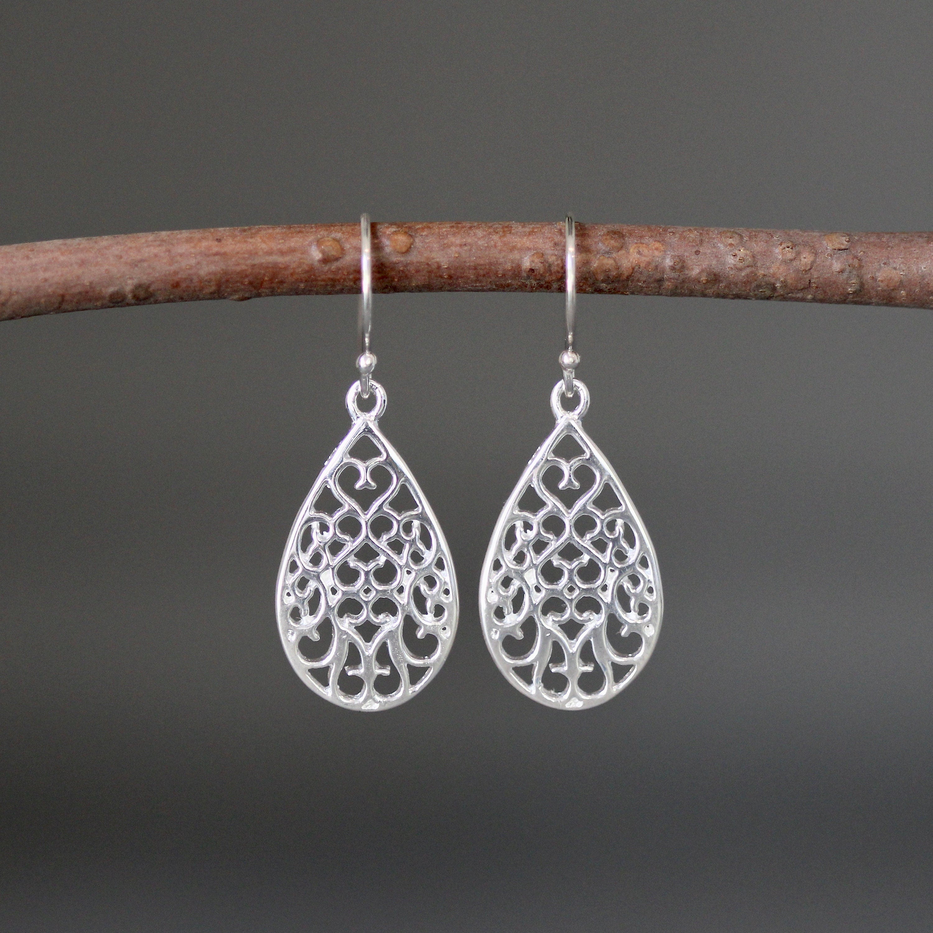 Bali Silver Filigree Teardrop Dangle Earrings