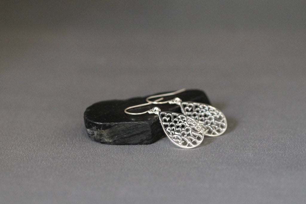 Bali Silver Filigree Teardrop Dangle Earrings