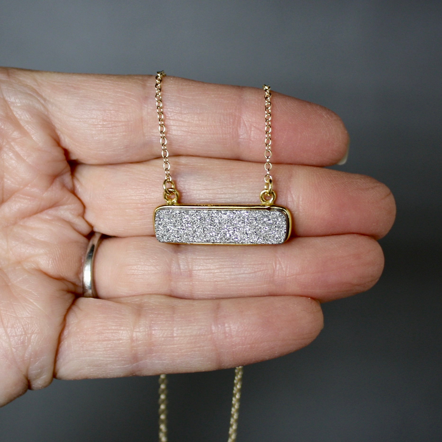 Silver Druzy Quartz Bar Pendant Necklace in Gold Vermeil Bezel