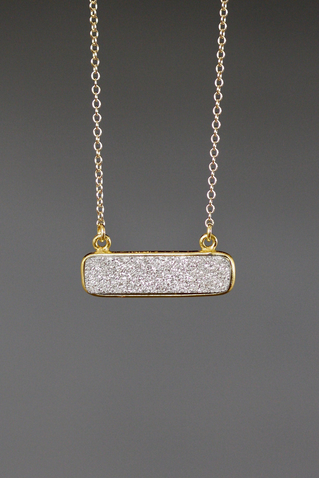 Silver Druzy Quartz Bar Pendant Necklace in Gold Vermeil Bezel