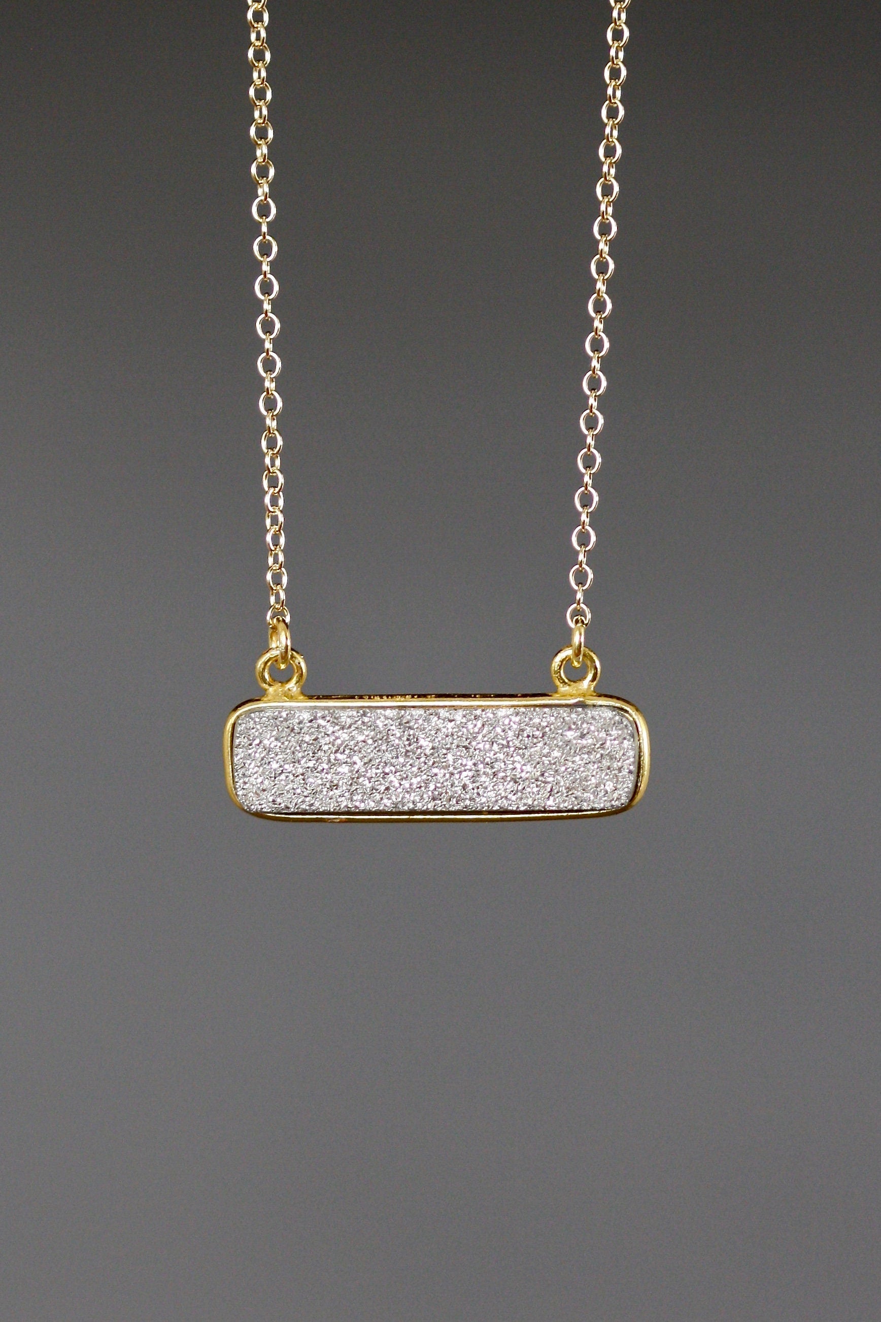 Silver Druzy Quartz Bar Pendant Necklace in Gold Vermeil Bezel