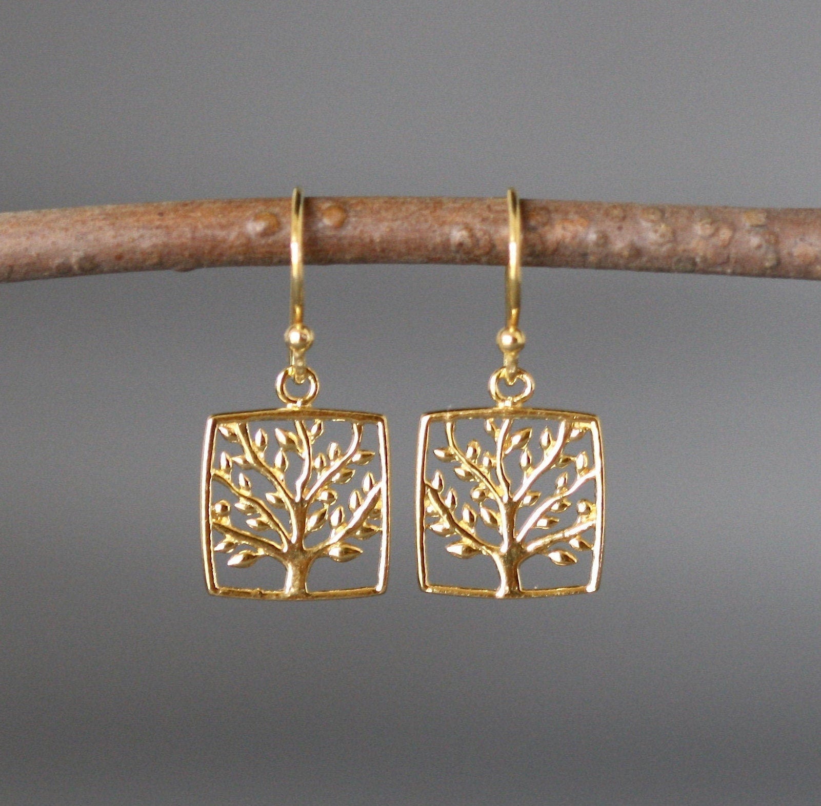 Tree of Life Charm Dangle Earrings in Gold Vermeil