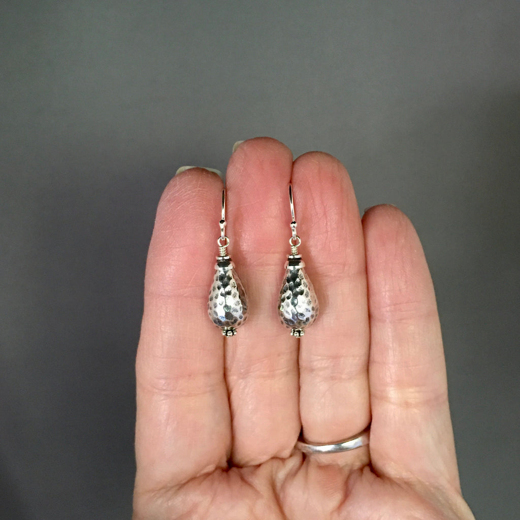 Hammered Bali Sterling Silver Bead Dangle Earrings