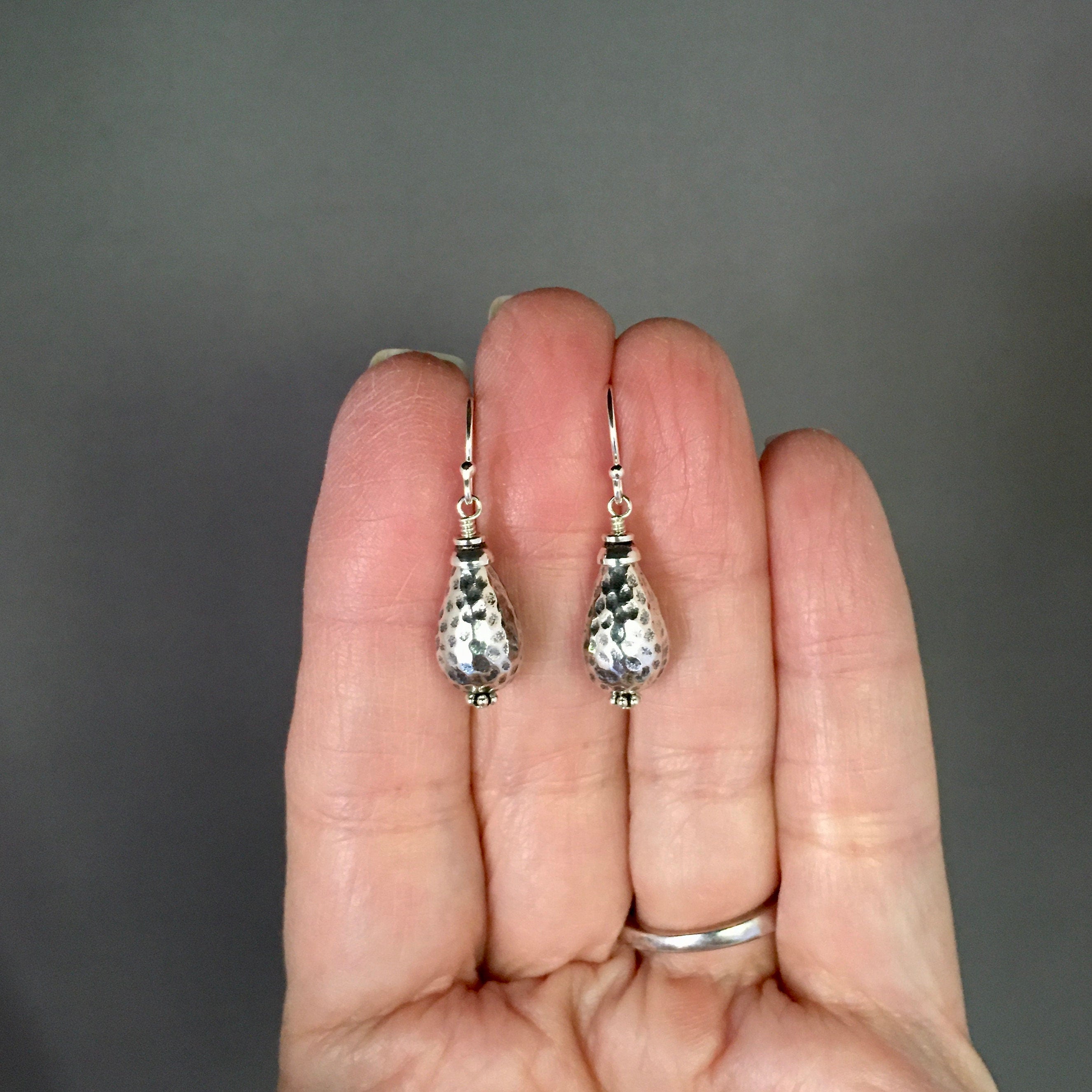 Hammered Bali Sterling Silver Bead Dangle Earrings