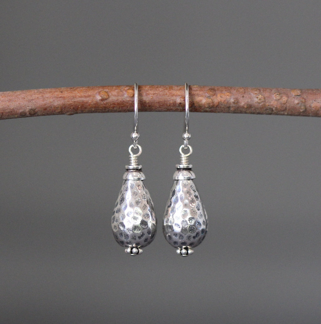 Hammered Bali Sterling Silver Bead Dangle Earrings