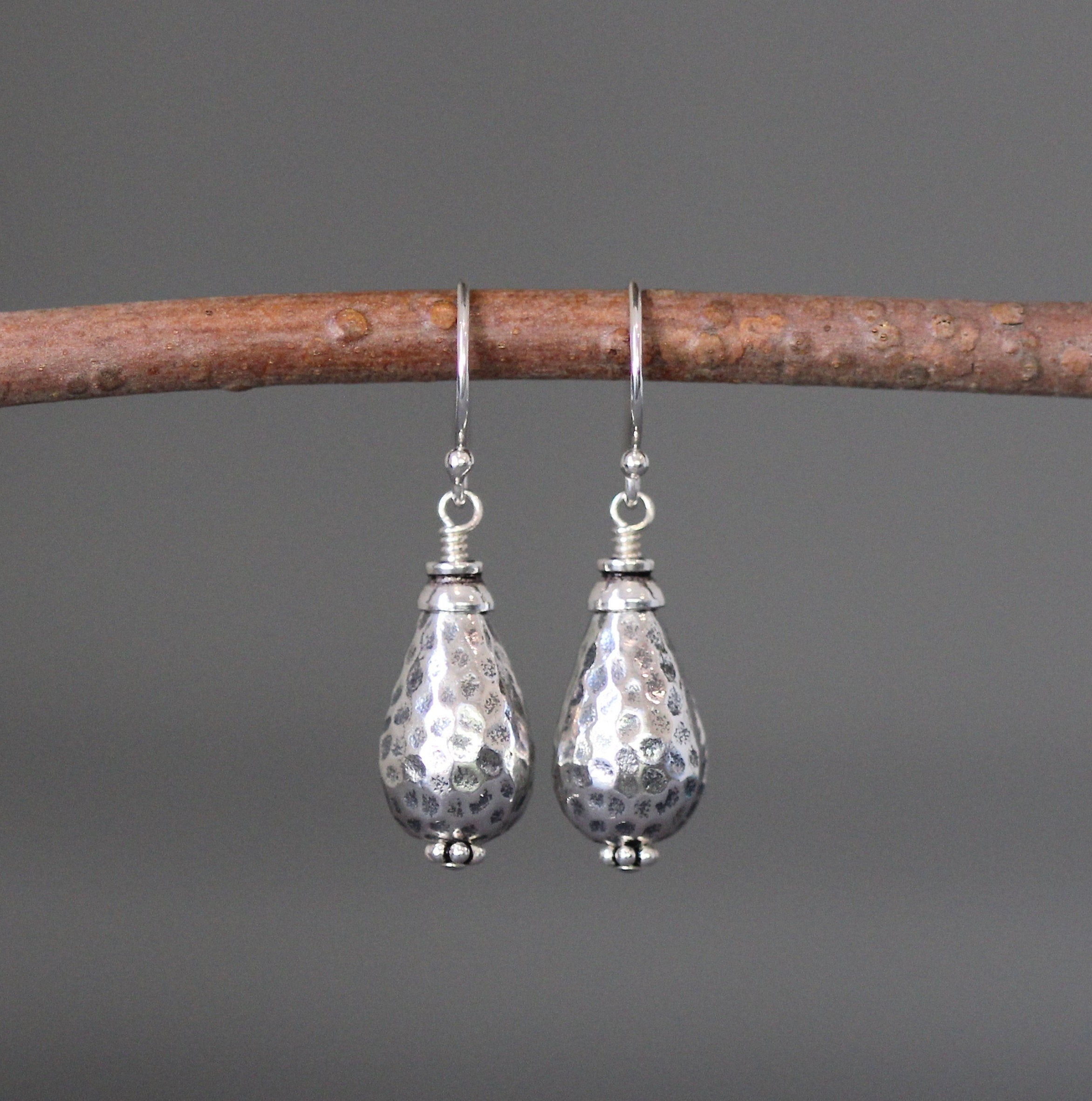 Hammered Bali Sterling Silver Bead Dangle Earrings