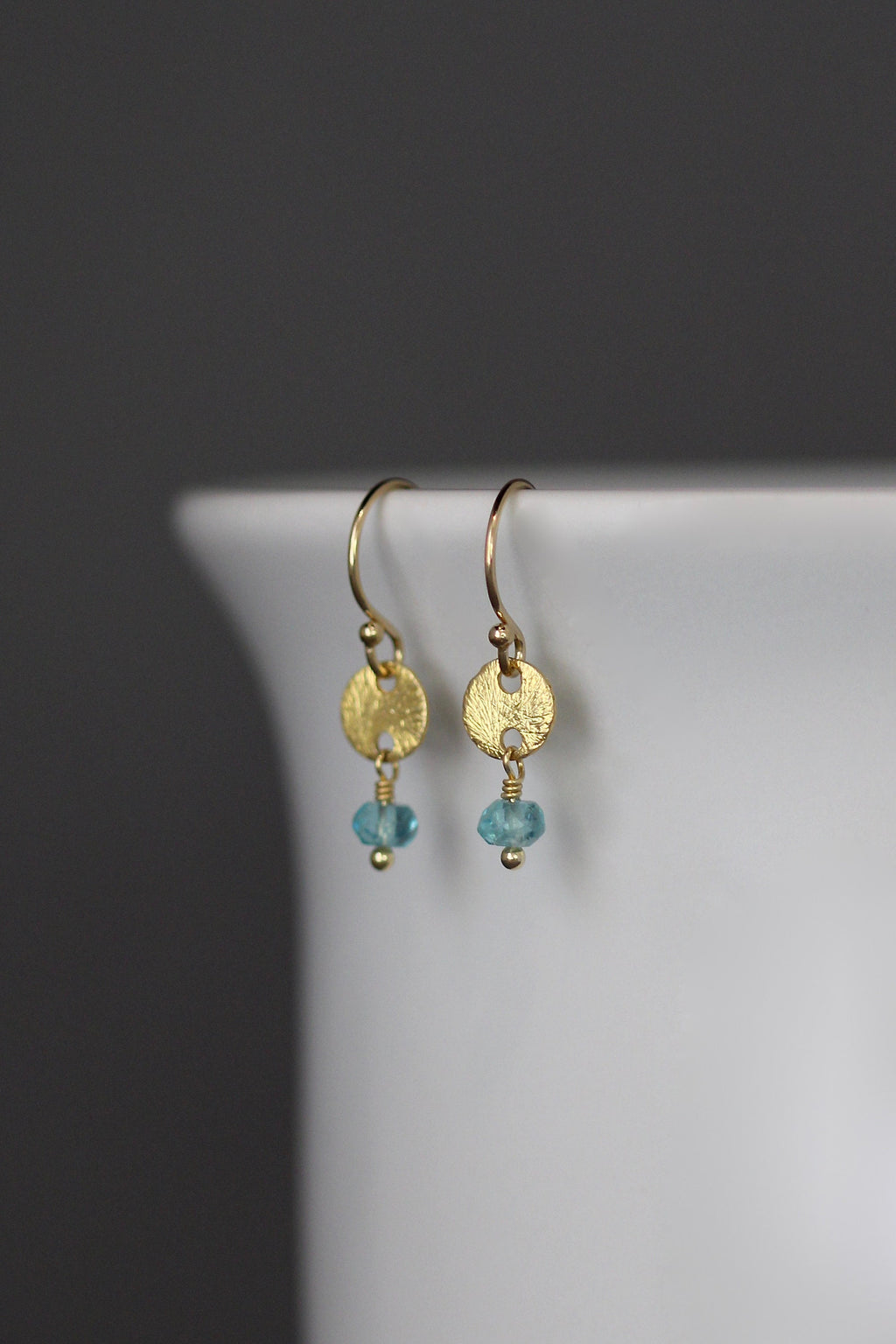 Teal Apatite Stone Earrings on Brushed Gold Vermeil Disc Links