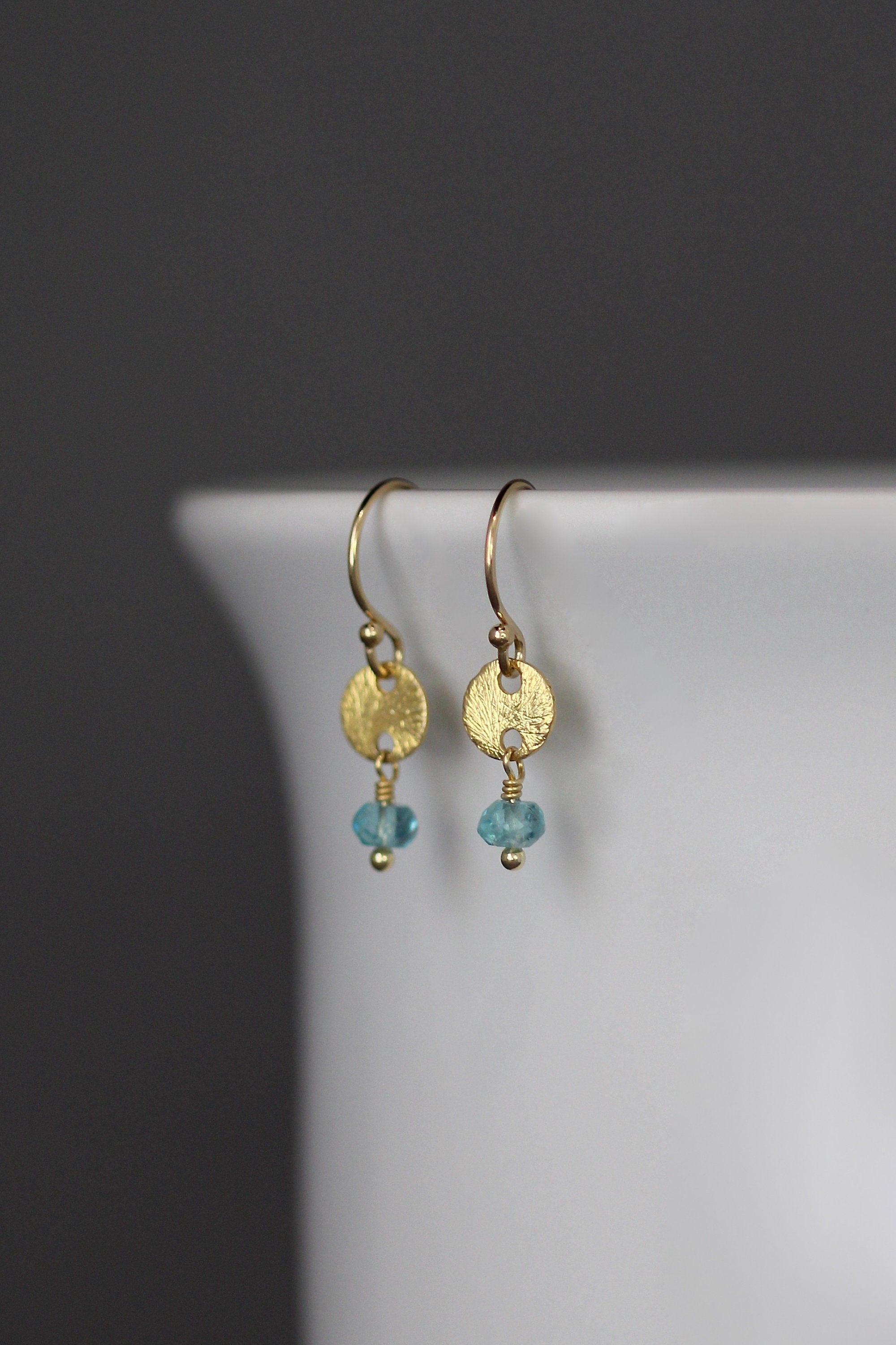 Teal Apatite Stone Earrings on Brushed Gold Vermeil Disc Links