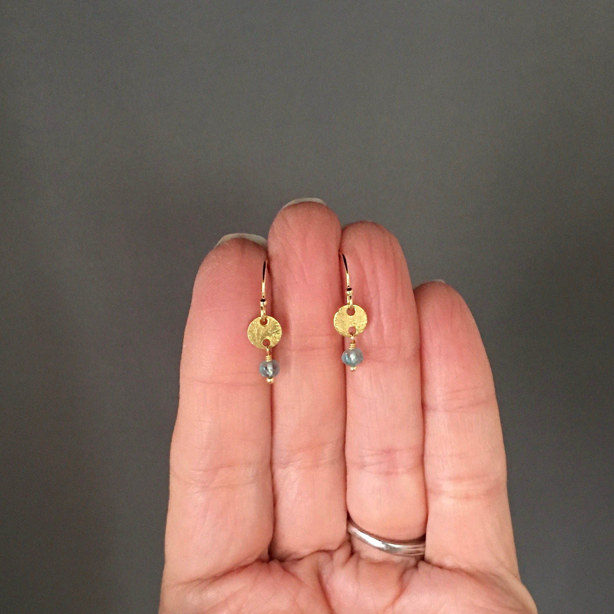 Teal Apatite Stone Earrings on Brushed Gold Vermeil Disc Links
