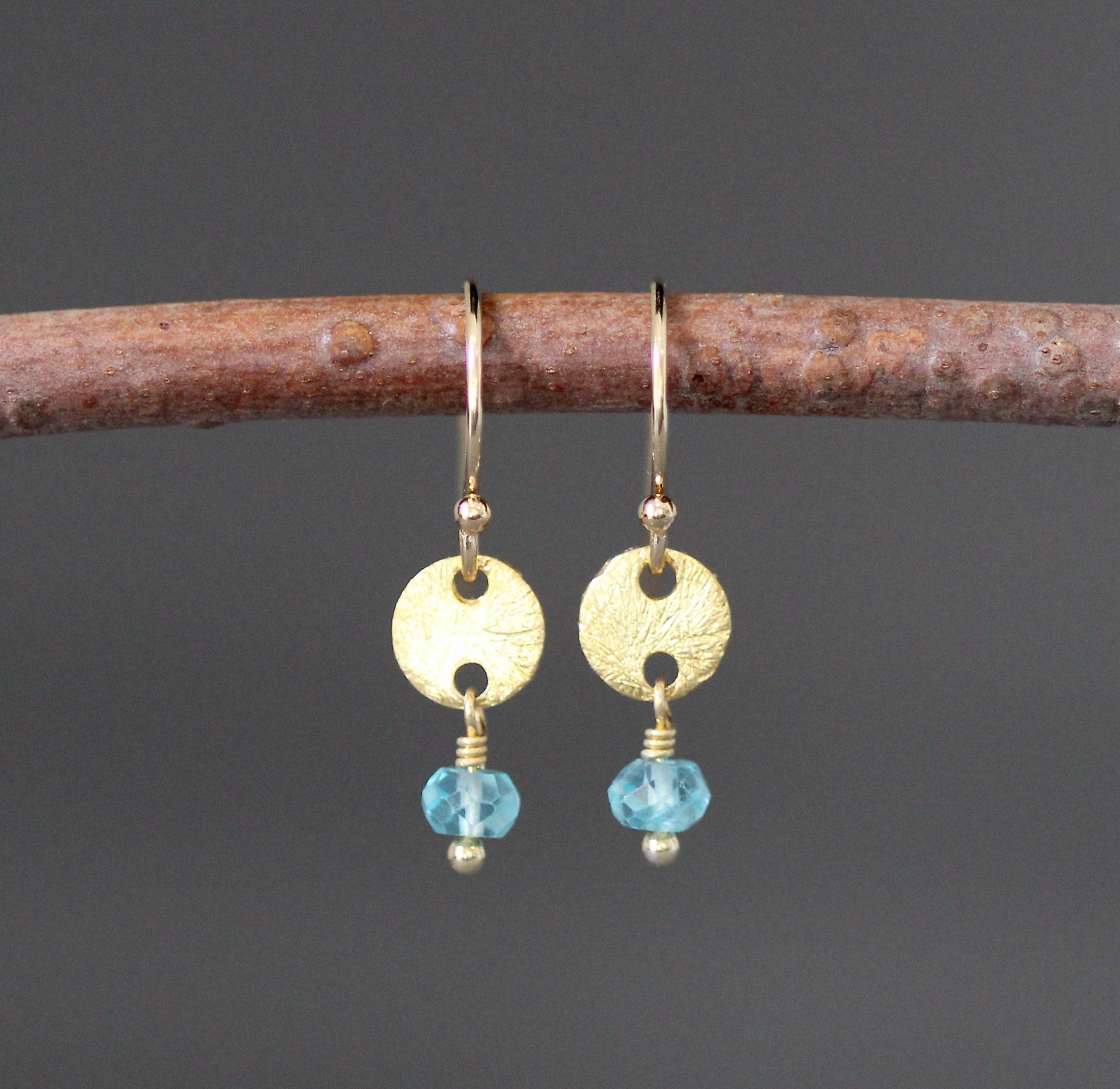 Teal Apatite Stone Earrings on Brushed Gold Vermeil Disc Links