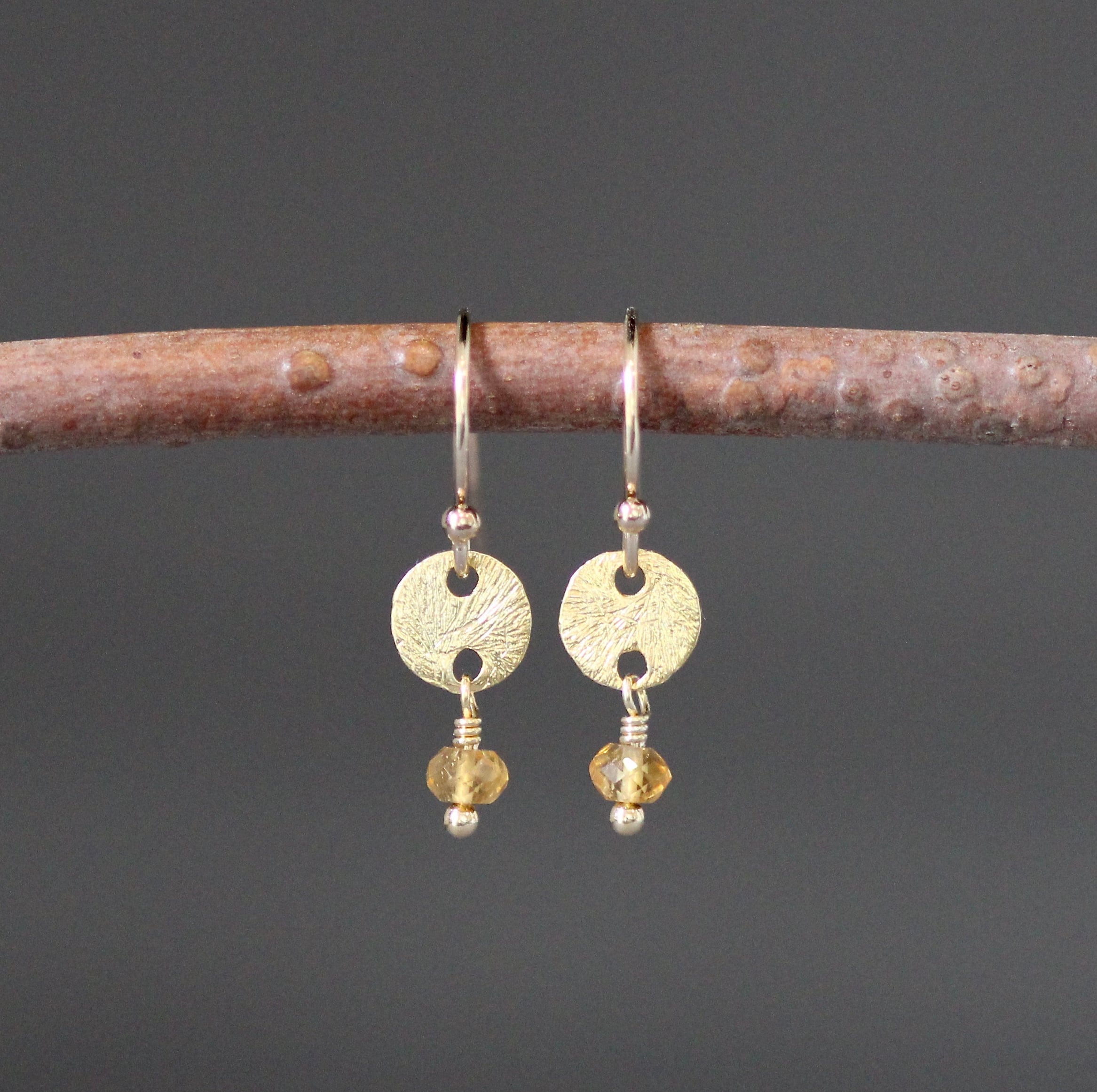 Citrine and Brushed Gold Vermeil Disc Dangle Earrings