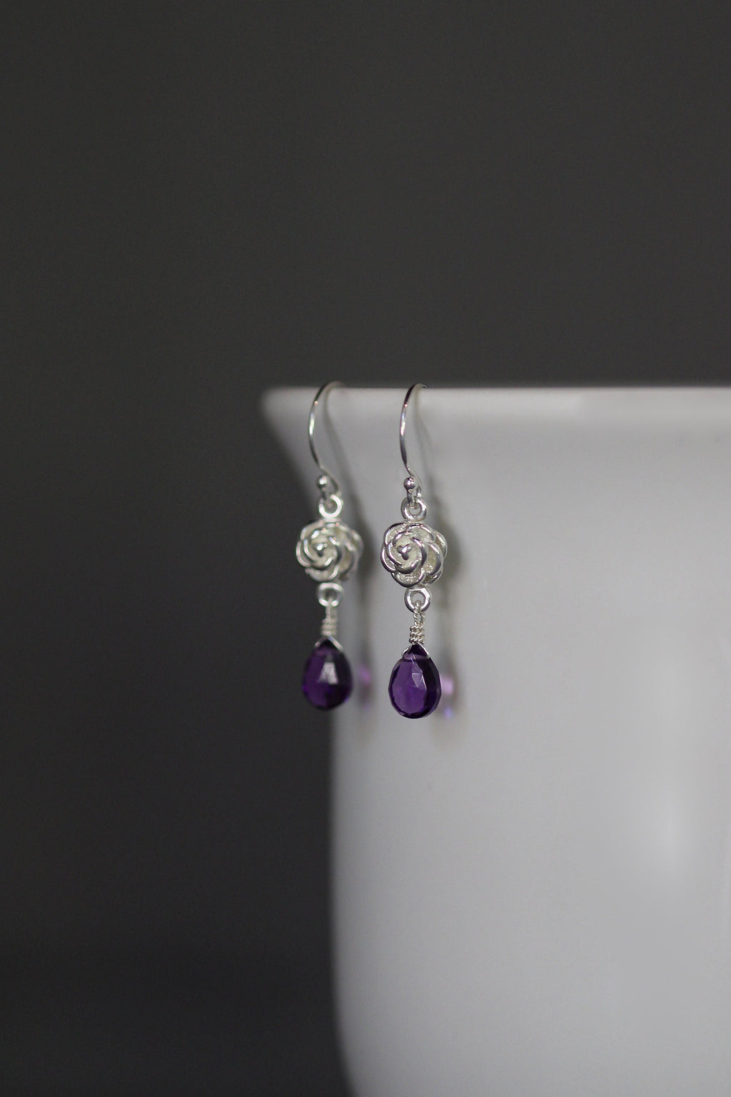 Amethyst and Sterling Silver Bali Rose Flower Dangle Earrings