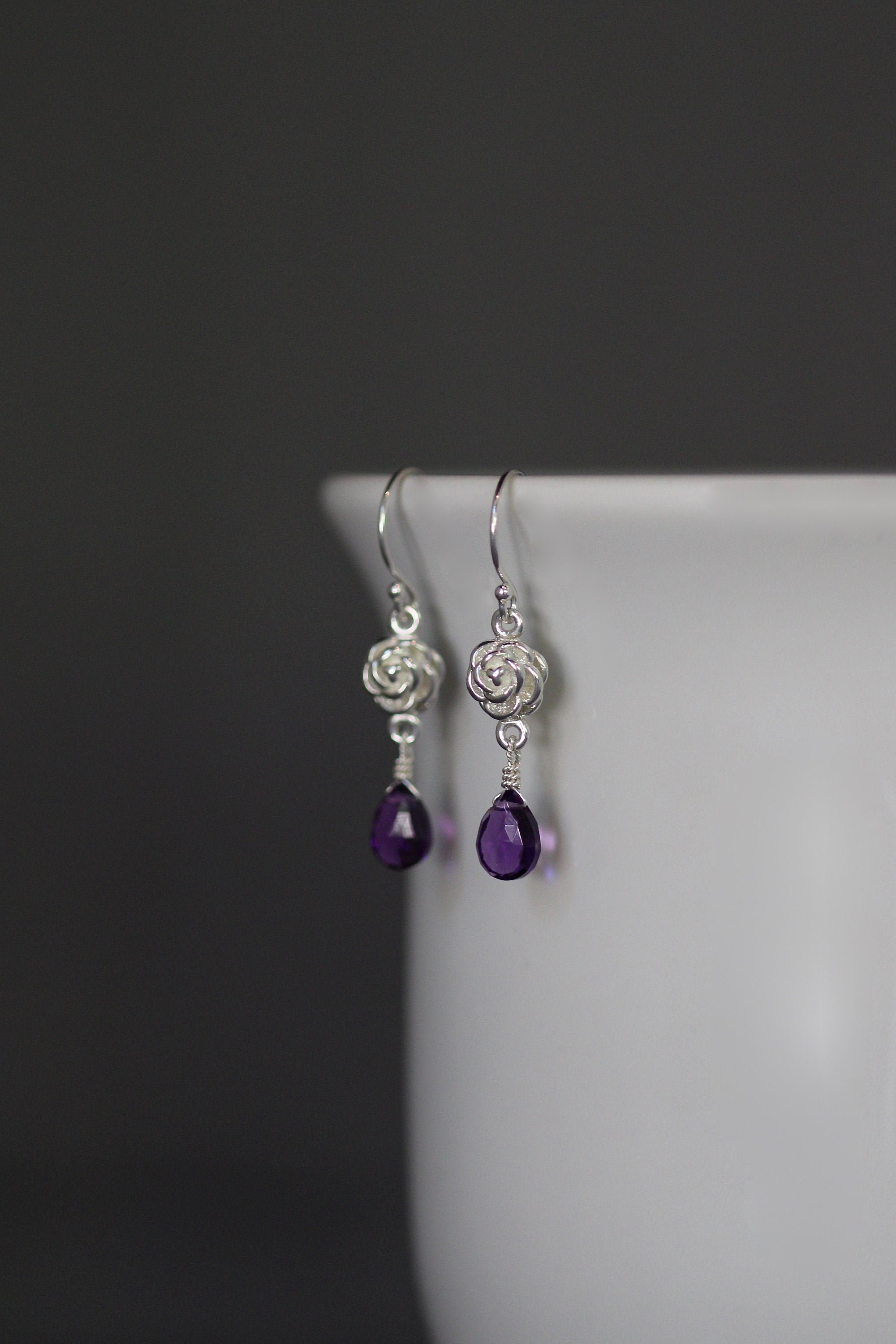 Amethyst and Sterling Silver Bali Rose Flower Dangle Earrings