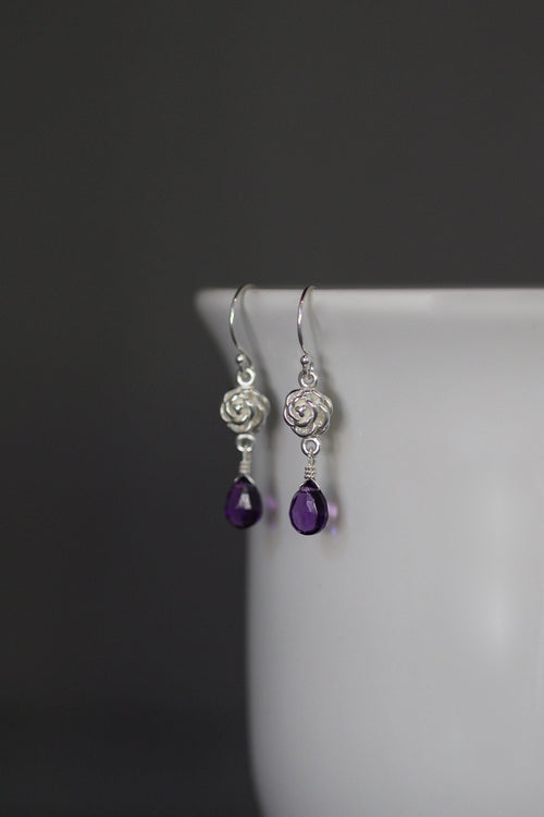 Amethyst and Sterling Silver Bali Rose Flower Dangle Earrings