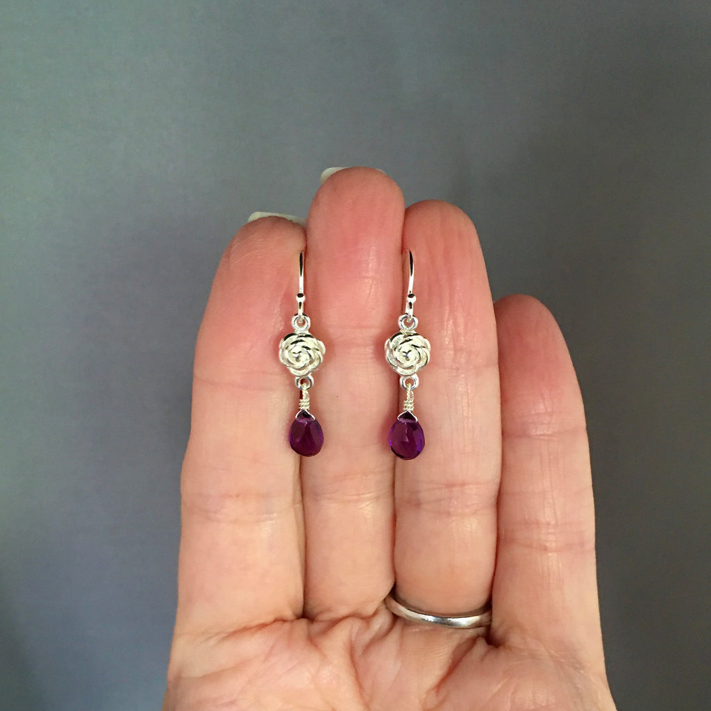 Amethyst and Sterling Silver Bali Rose Flower Dangle Earrings