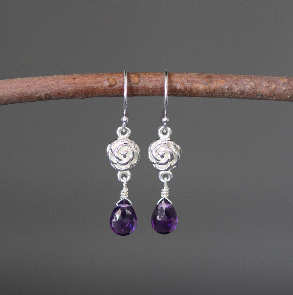 Amethyst and Sterling Silver Bali Rose Flower Dangle Earrings
