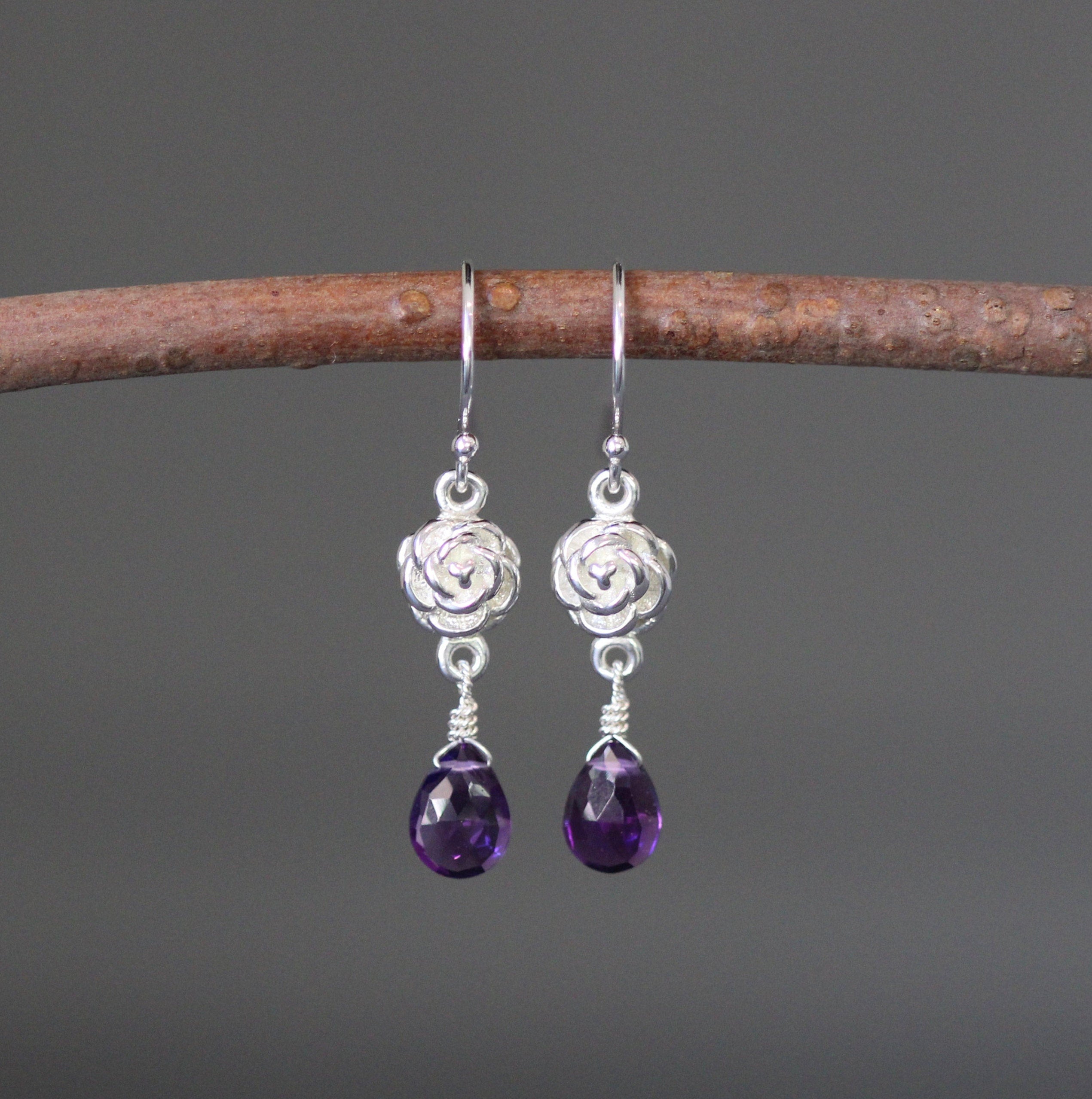 Amethyst and Sterling Silver Bali Rose Flower Dangle Earrings
