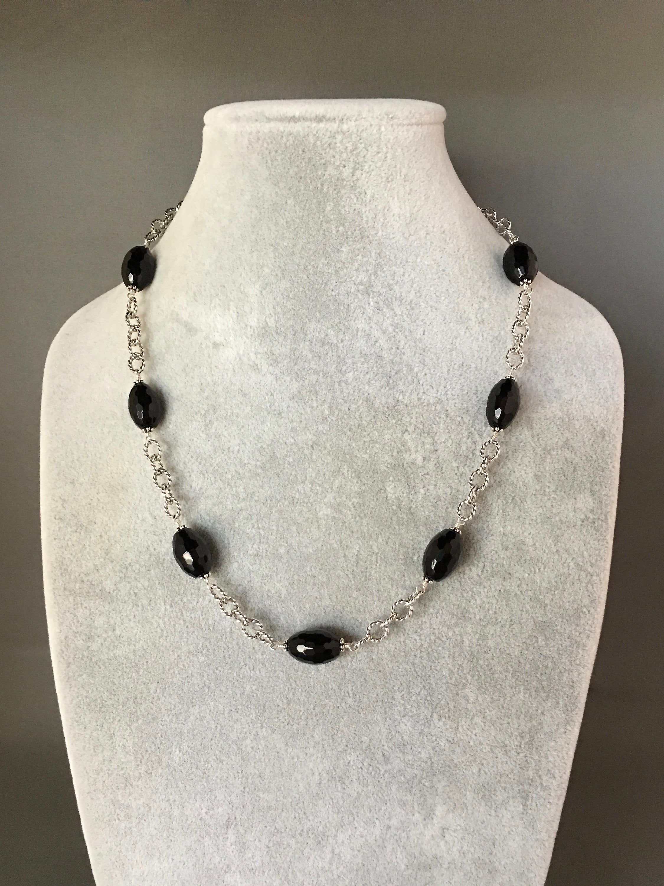 Black Onyx Barrel Stone Necklace and Earring Set in Sterling Silver