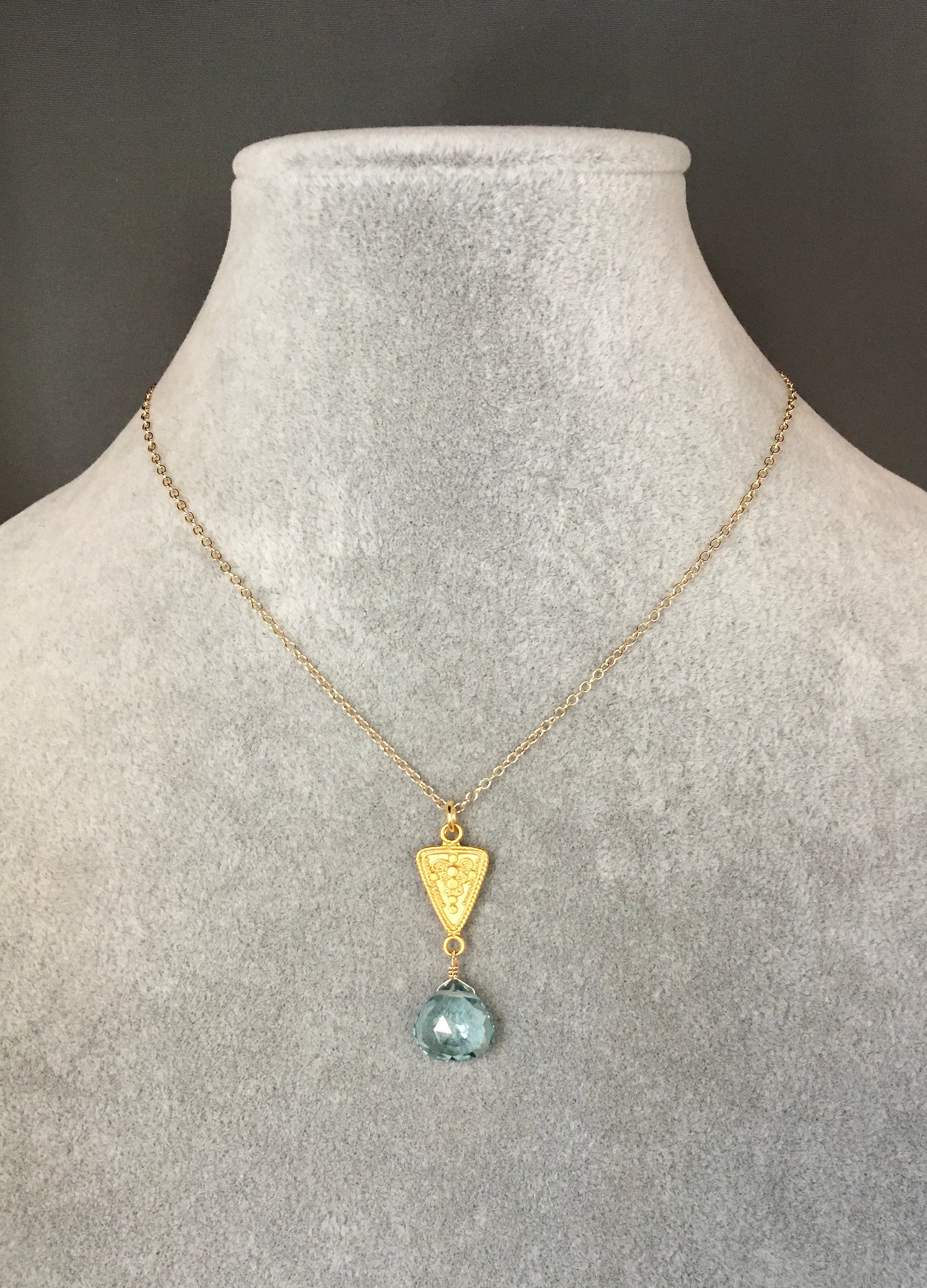Aquamarine Quartz Teardrop Pendant Necklace in Gold Vermeil