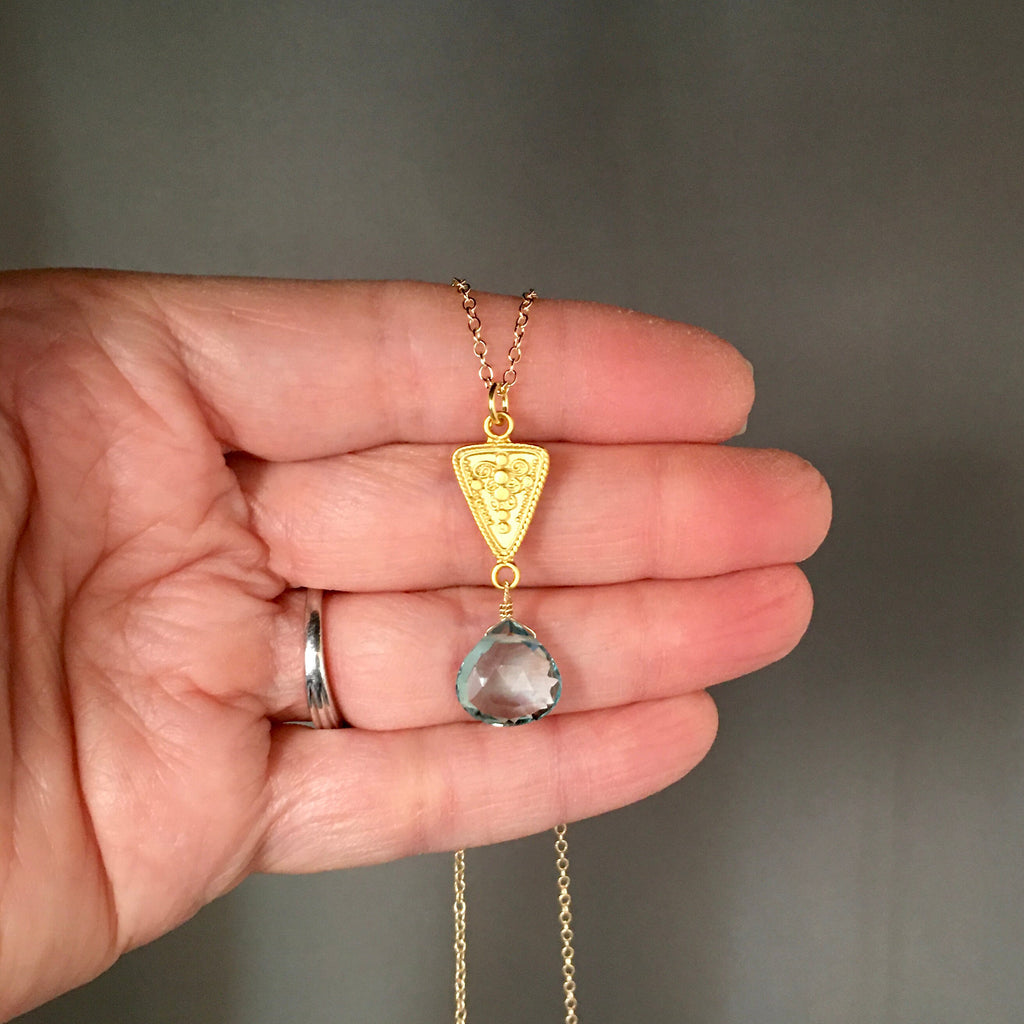 Aquamarine Quartz Teardrop Pendant Necklace in Gold Vermeil
