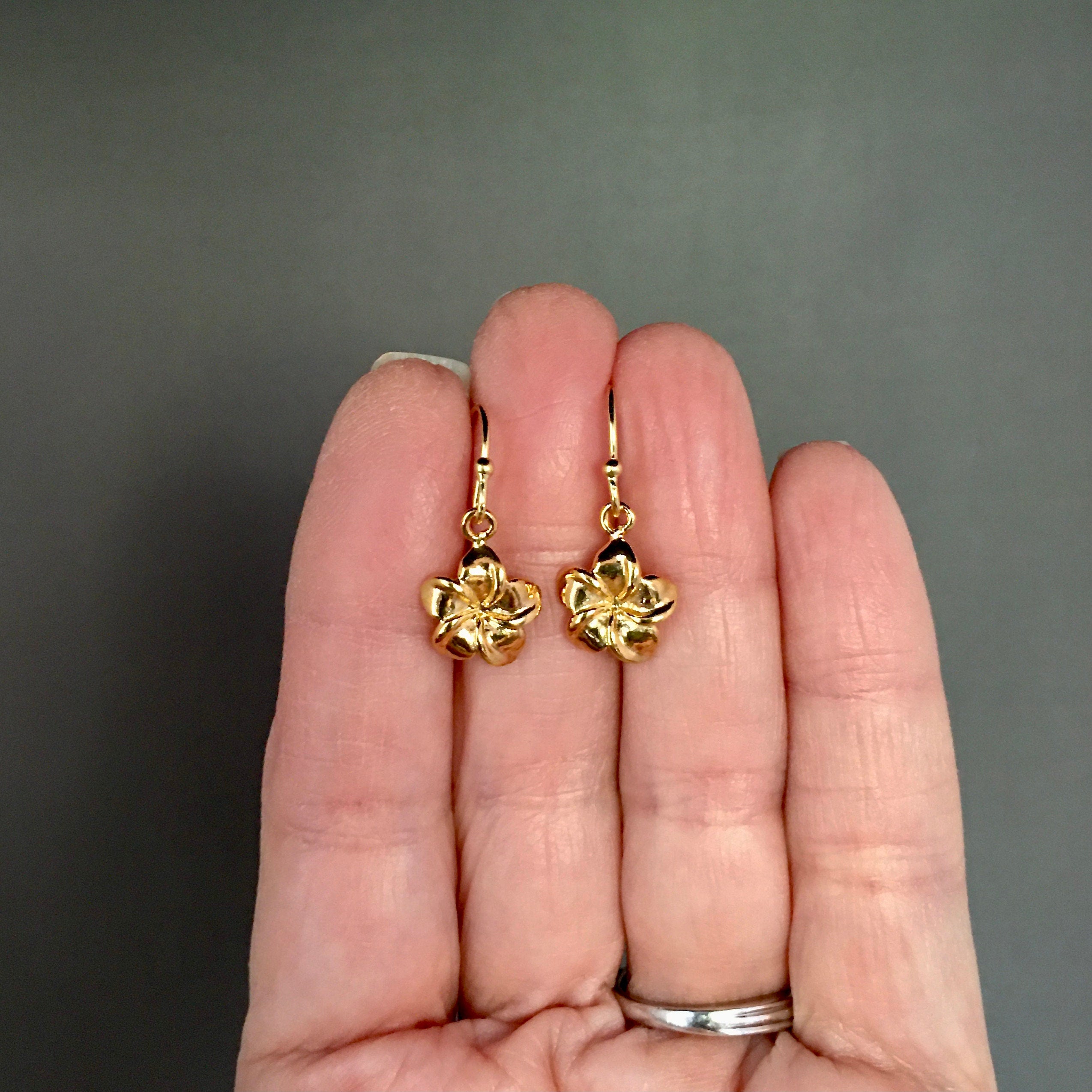 Gold Vermeil Plumeria Flower Charm Dangle Earrings