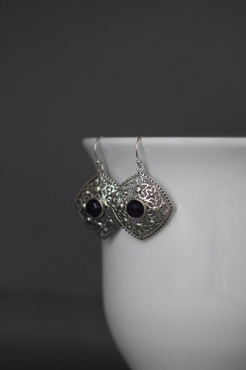 Amethyst and Sterling Silver Flower Charm Earrings